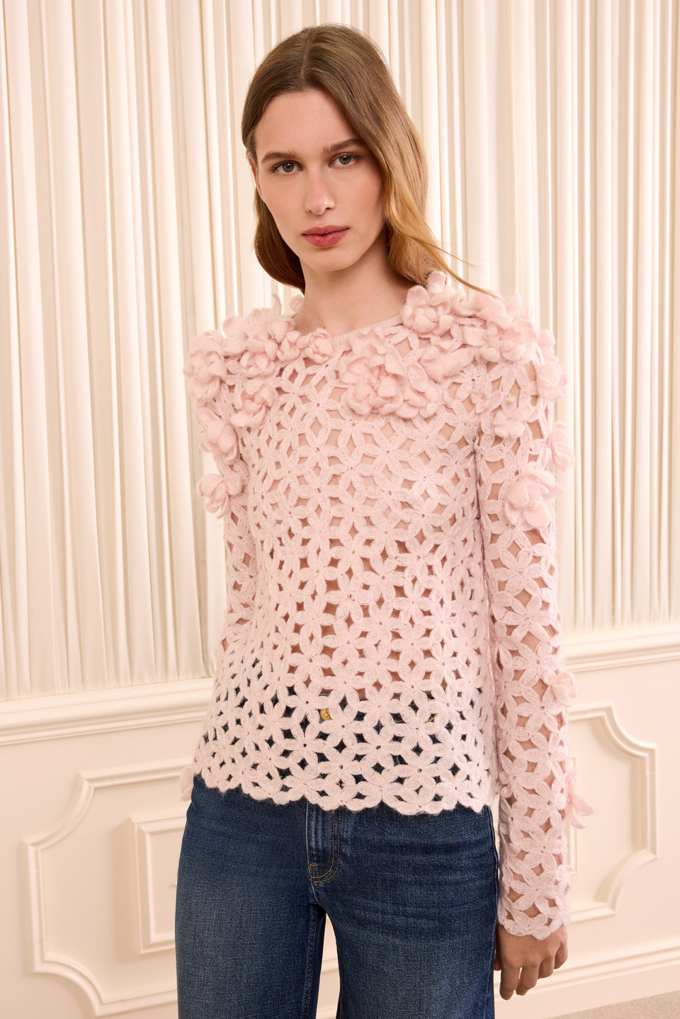 Bendetta Crochet Pullover with Embroidered Flowers- Powder
