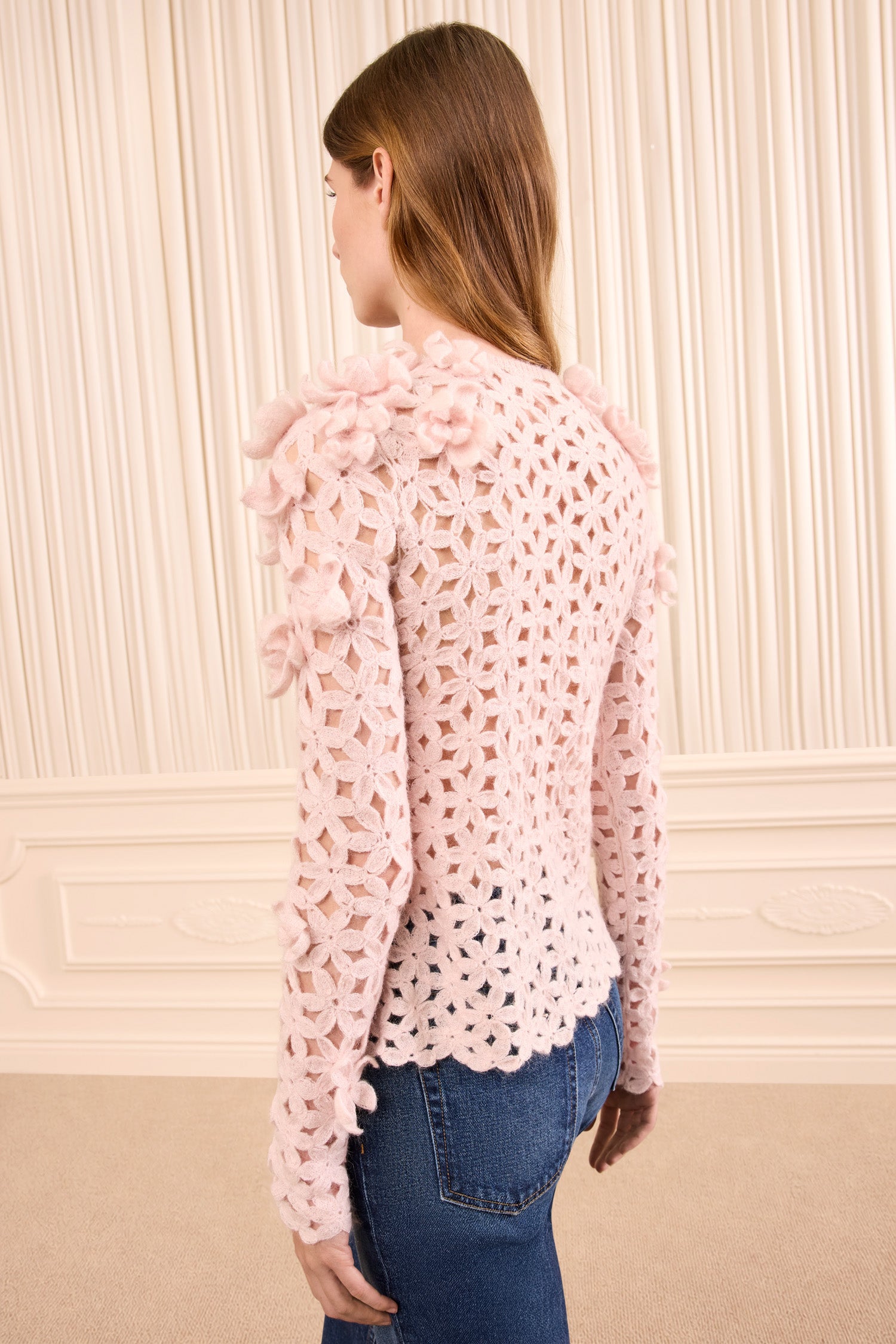 Bendetta Crochet Pullover with Embroidered Flowers- Powder