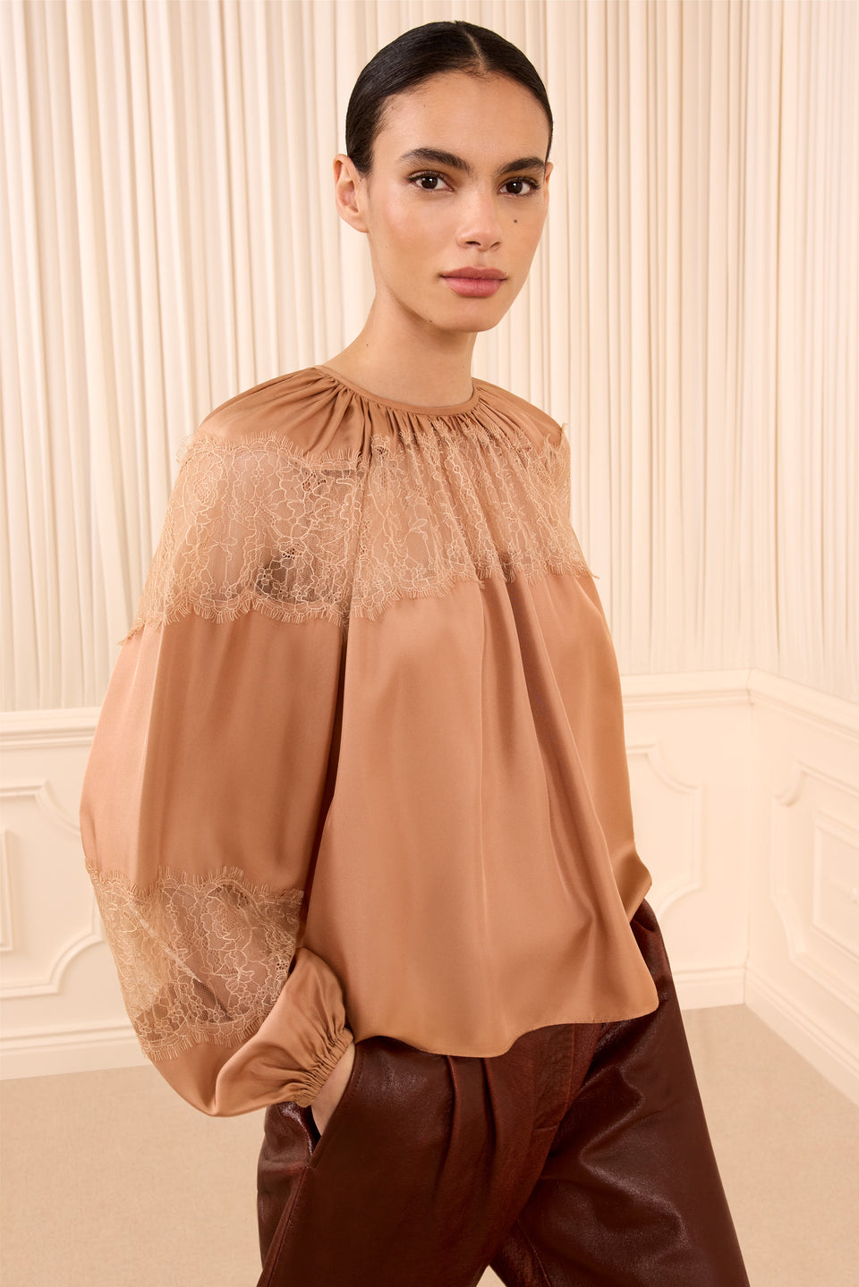 Bess Long Sleeve Silk Blouse - Macaroon