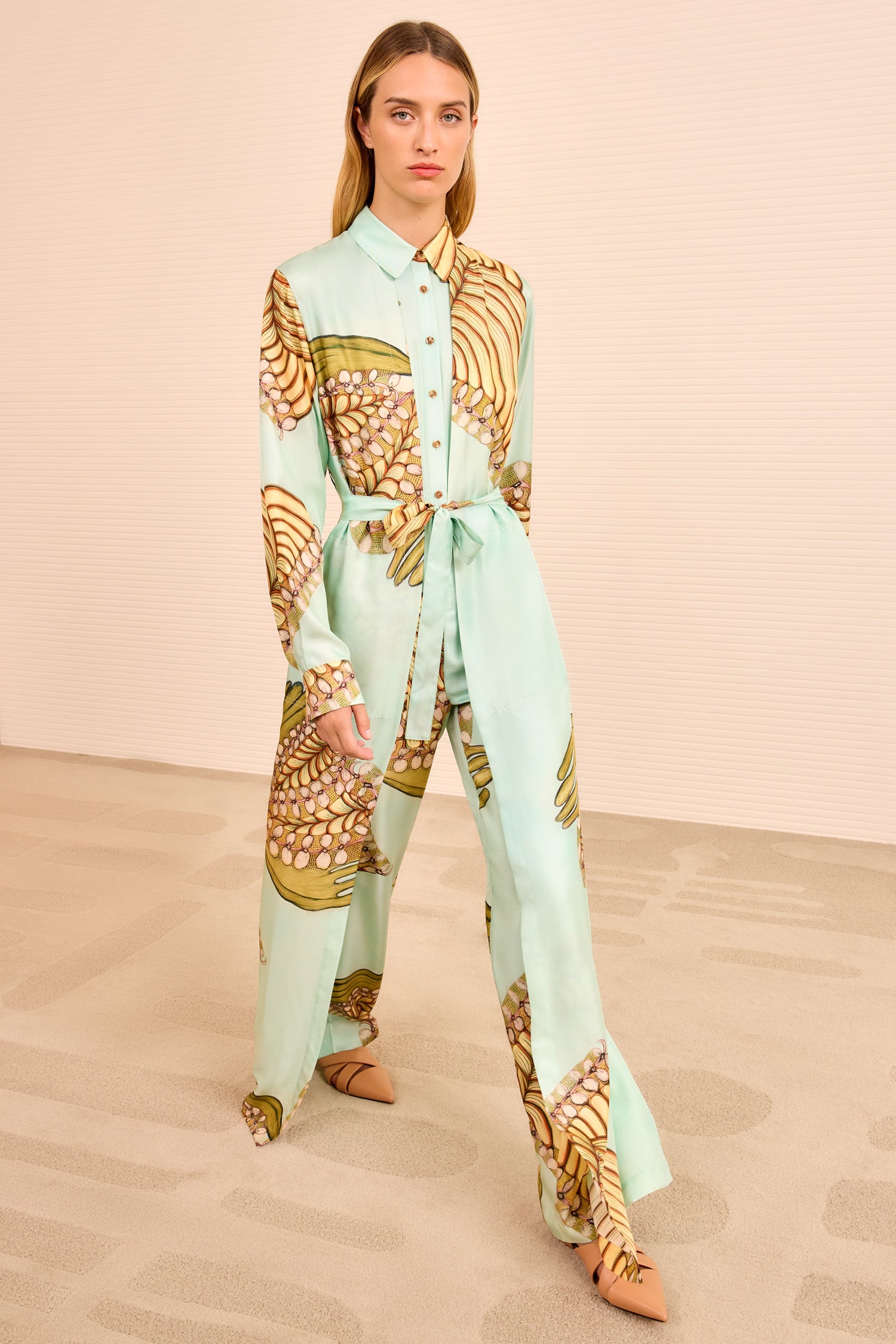 Bricolage Belted Jumpsuit - Water Blossoms Floral Print Long