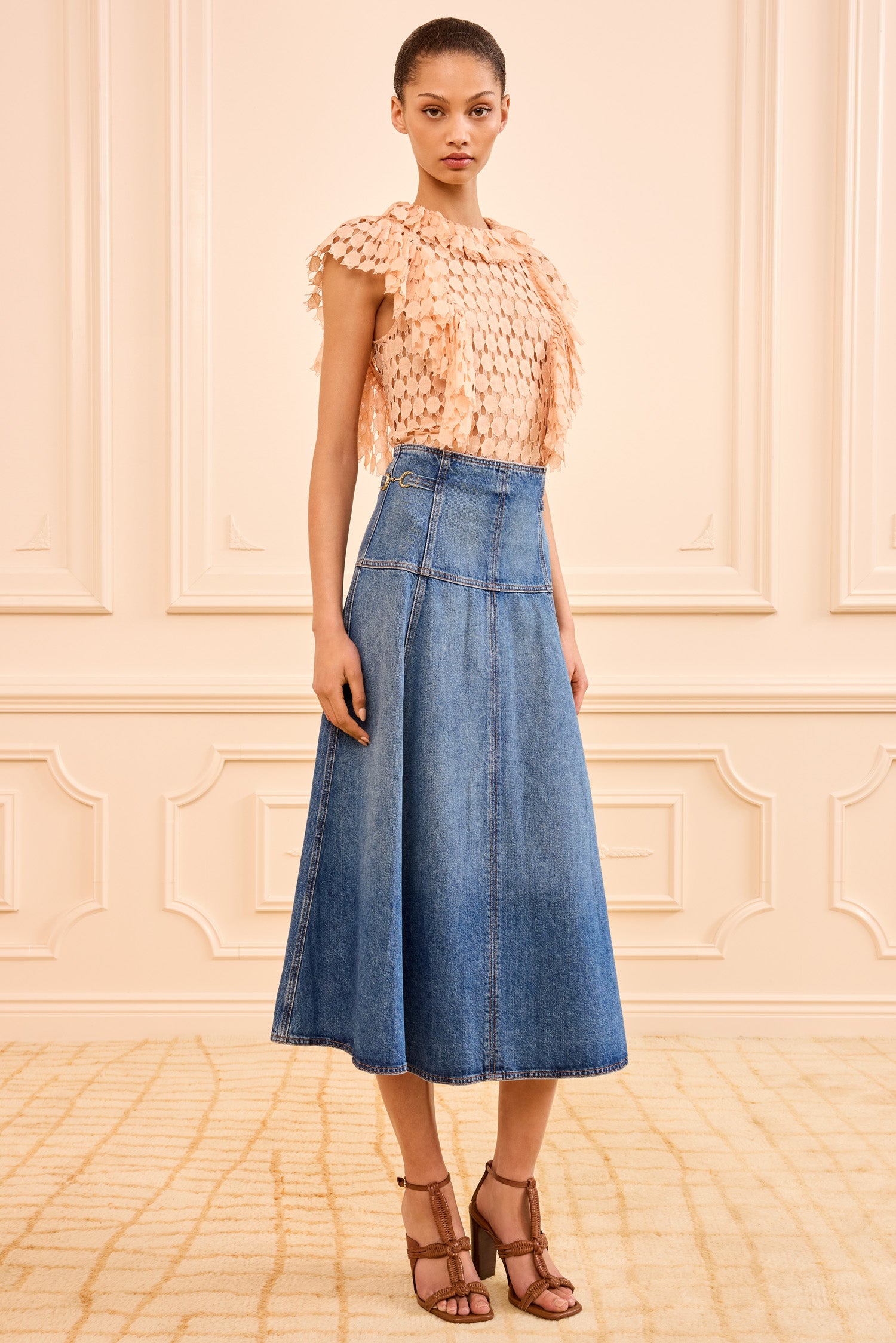 The Brigette Denim Midi Skirt - Danube A-Line Denim Midi Skirt