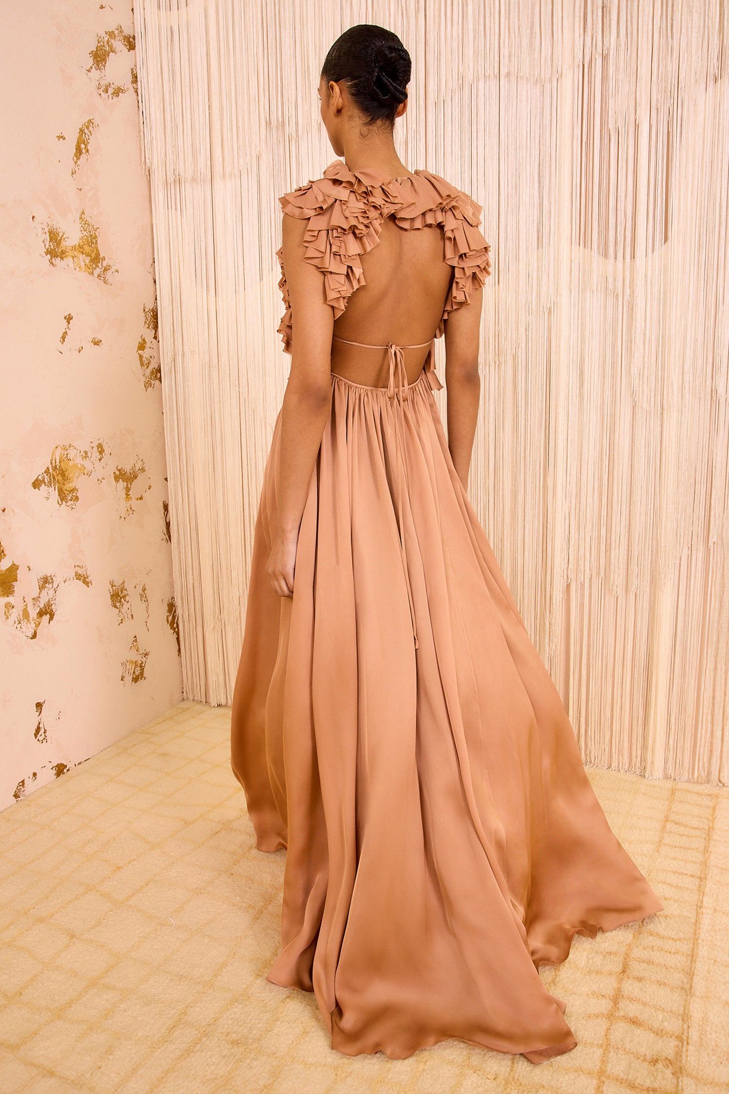 Byzantine Silk Backless Gown - Desert Rose Dusty Pink Ruffle Dress