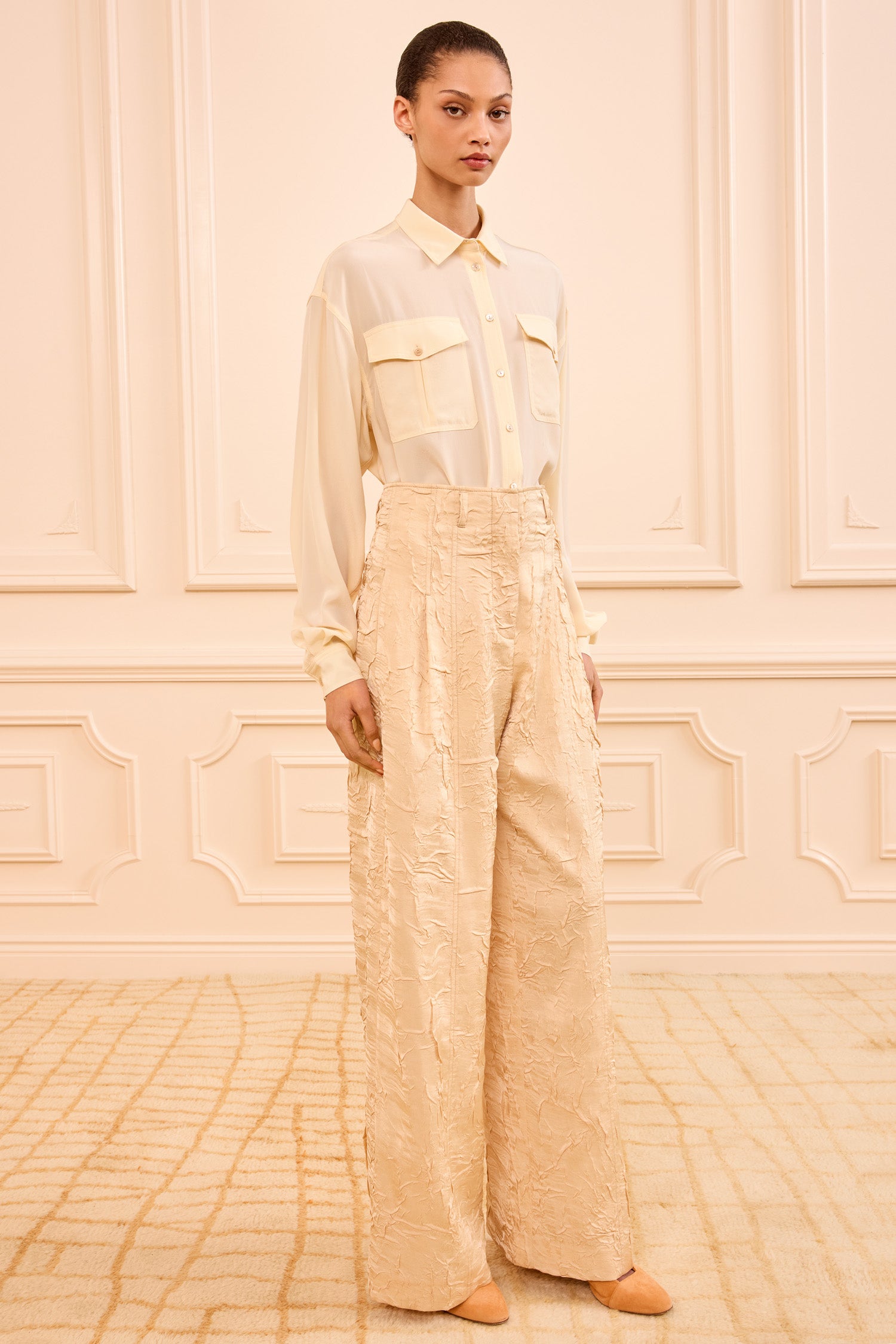 Carine High Waisted Pant - Driftwood Cream Wide Leg Satin Dress Pants
