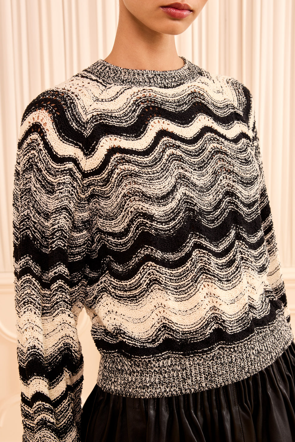 Noir/Gardenia Jacquard Wavy Stitch Sweater - Close-Up Fabric Detail | Ulla Johnson