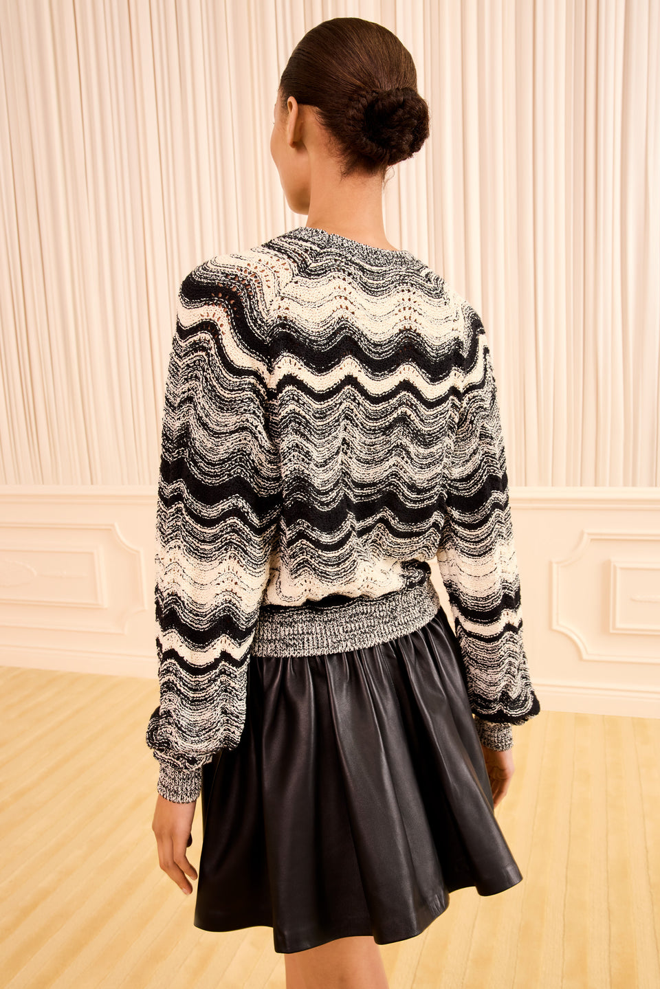 Noir/Gardenia Luxury Jacquard Wave Knit Sweater - Back View On Model | Ulla Johnson