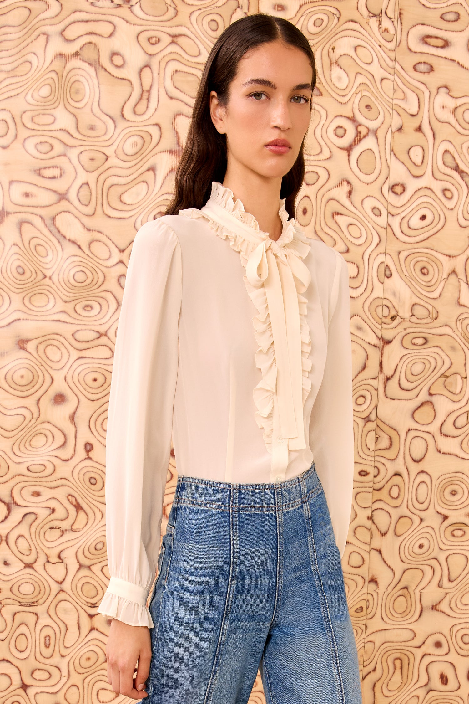 Catroux Silk Long Sleeve Button Front Blouse - Pearl