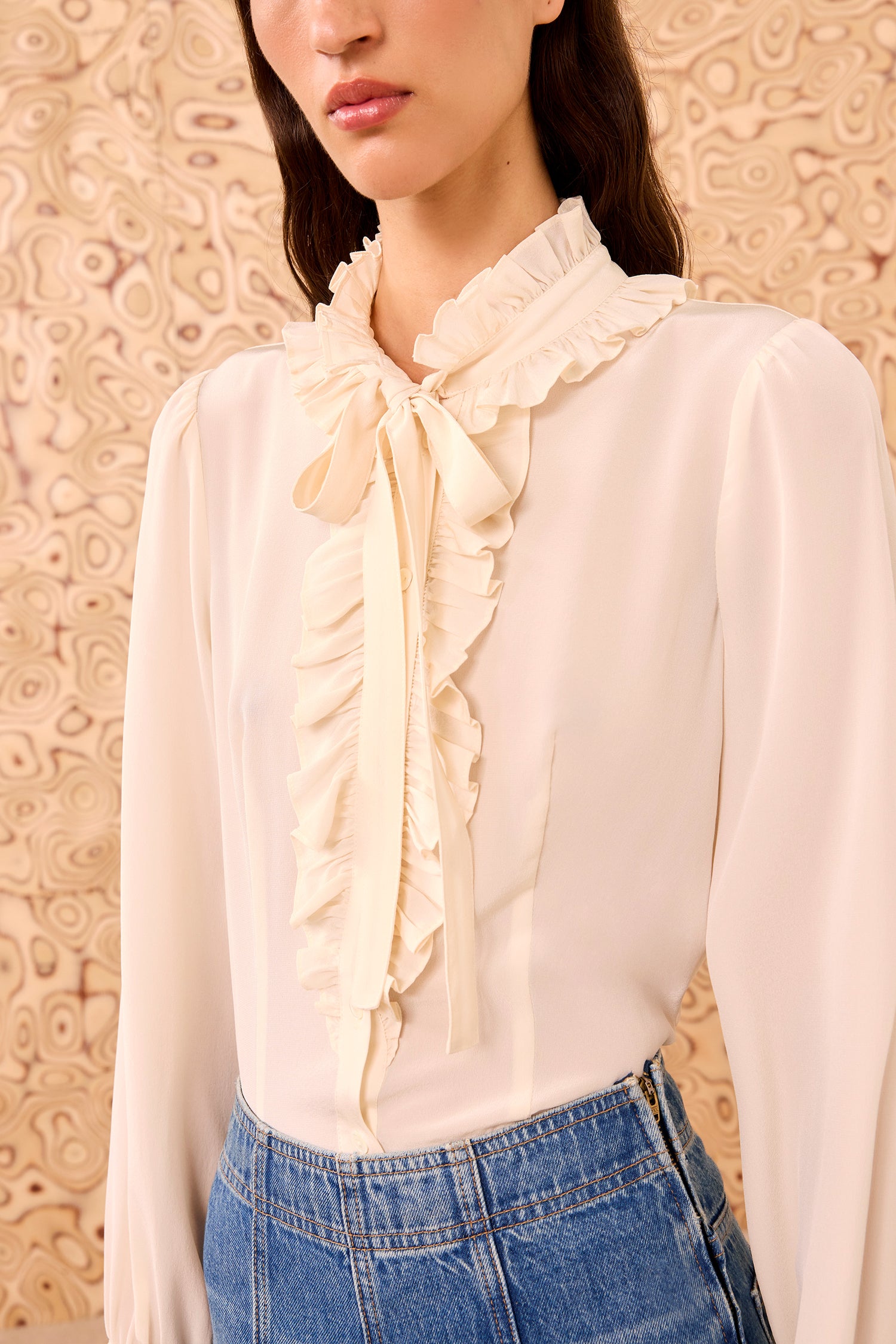 Catroux Silk Long Sleeve Button Front Blouse - Pearl