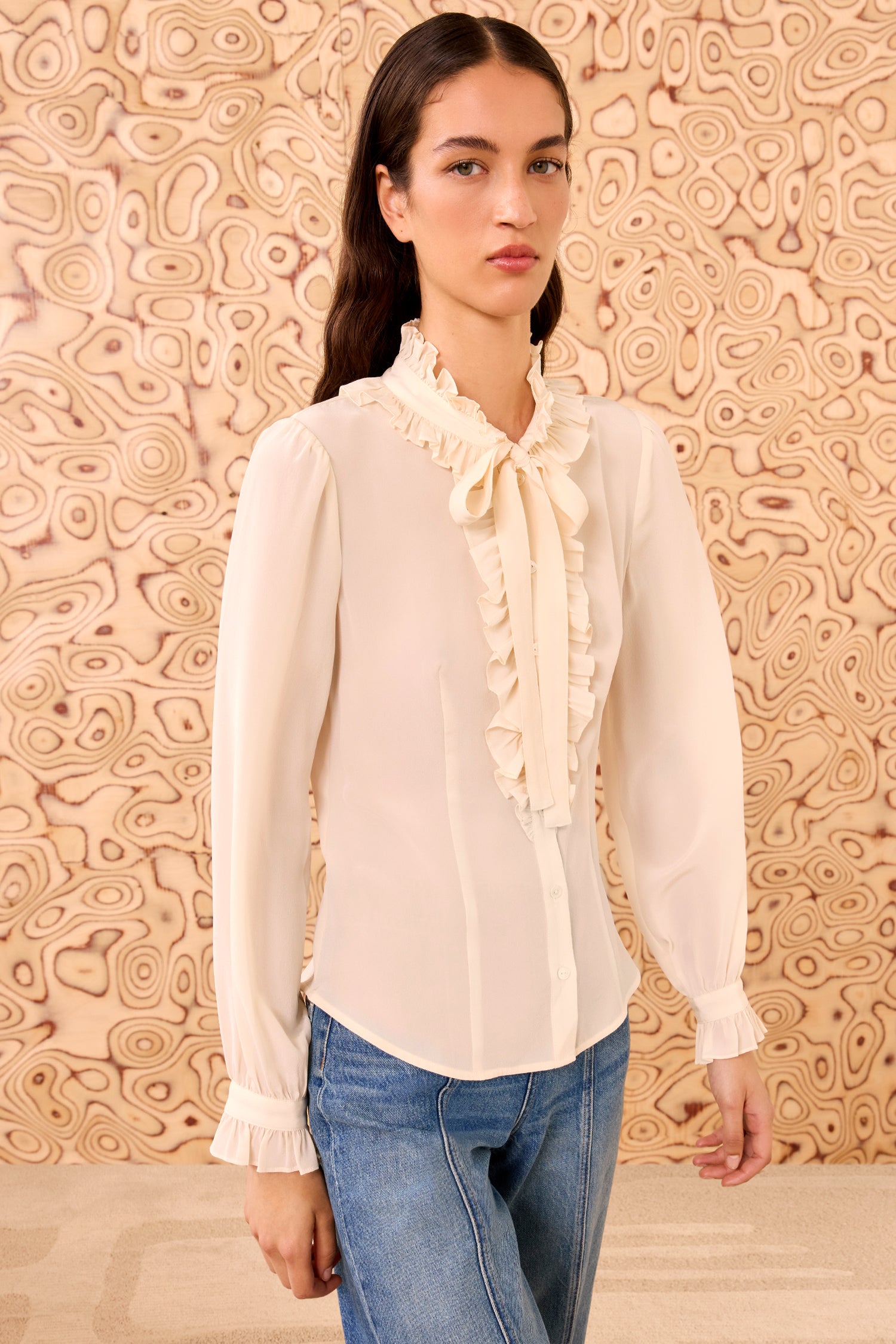 Catroux Silk Long Sleeve Button Front Blouse - Pearl