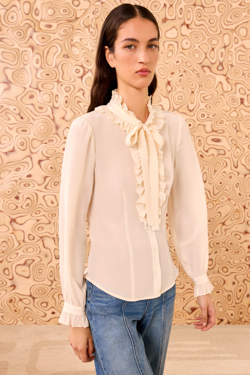 Catroux Silk Long Sleeve Button Front Blouse - Pearl