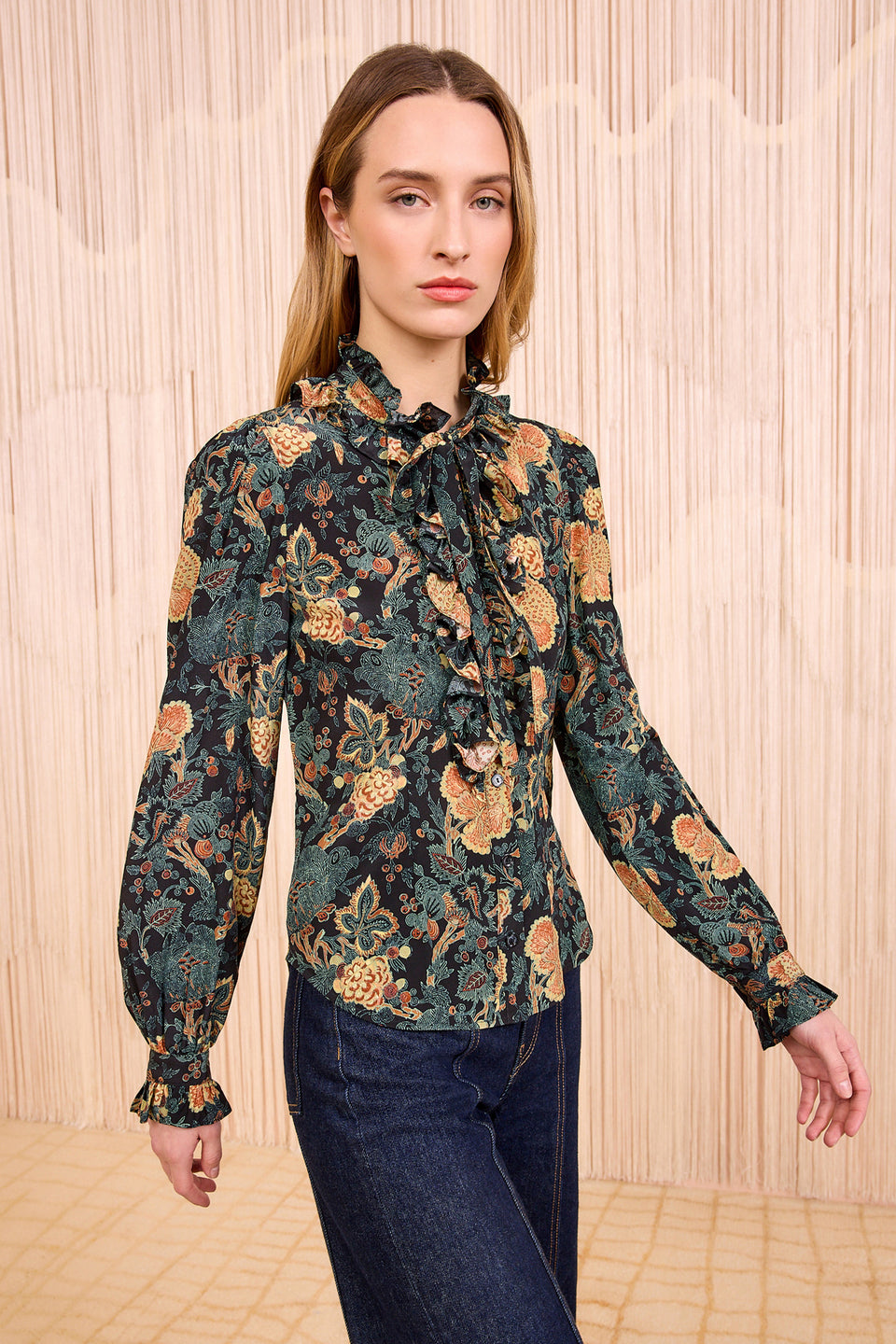 Catroux Silk Long Sleeve Button Front Bl - Nuit