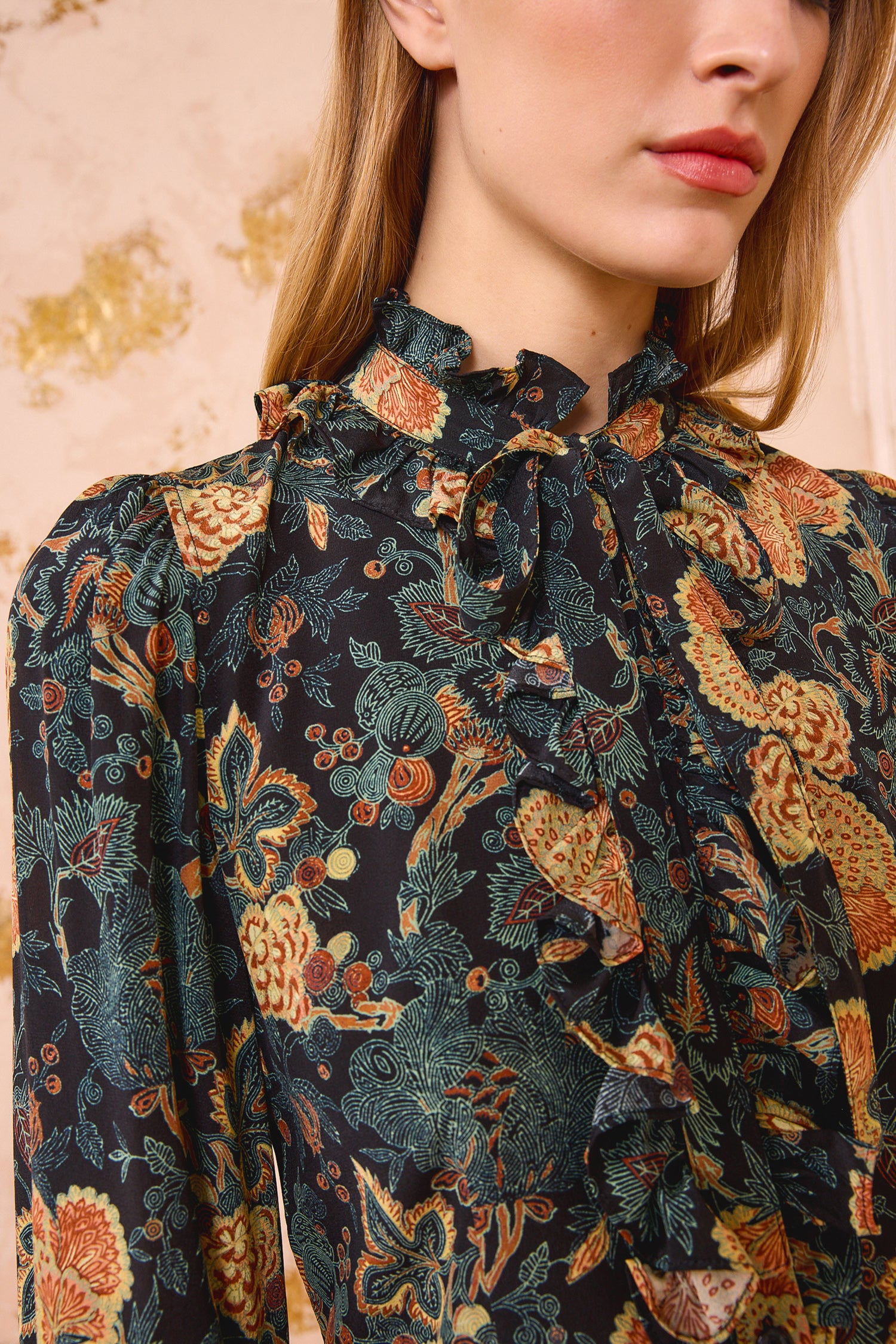 Catroux Silk Long Sleeve Button Front Blouse - Nuit French