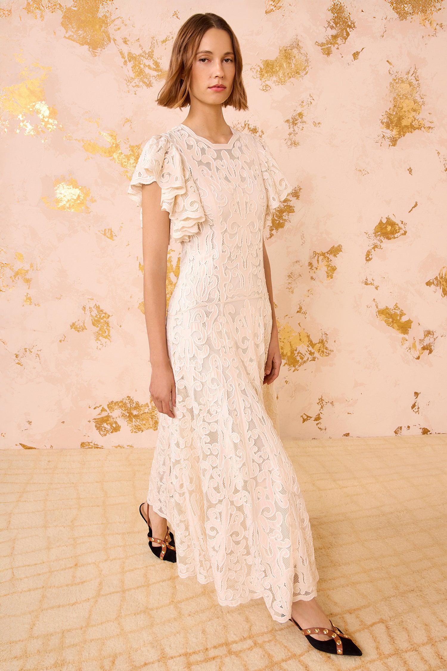 Cecile Applique Flutter Sleeve Long Dress - Chalk