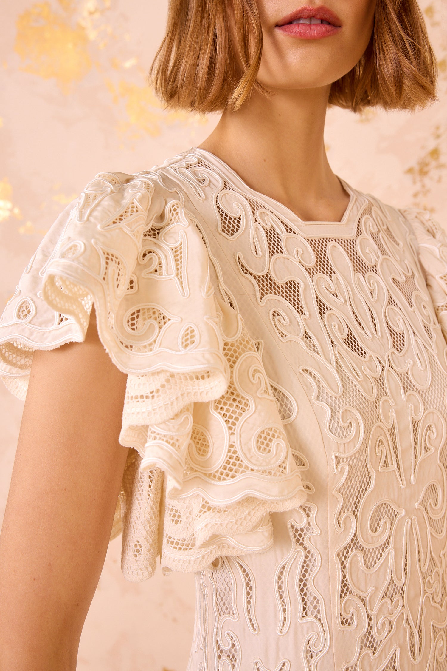 Cecile Applique Flutter Sleeve Long Dress - Chalk