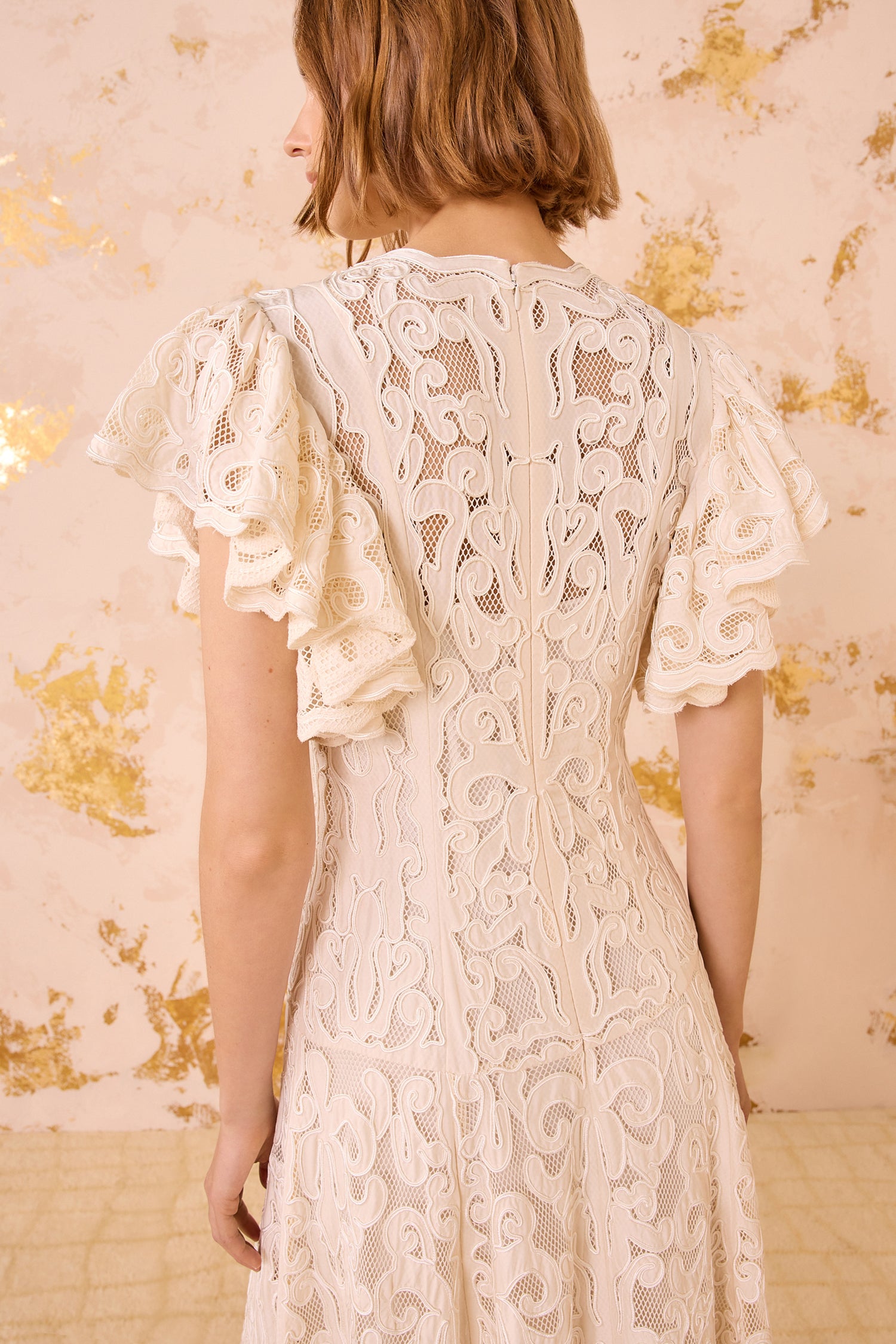 Cecile Applique Flutter Sleeve Long Dress - Chalk