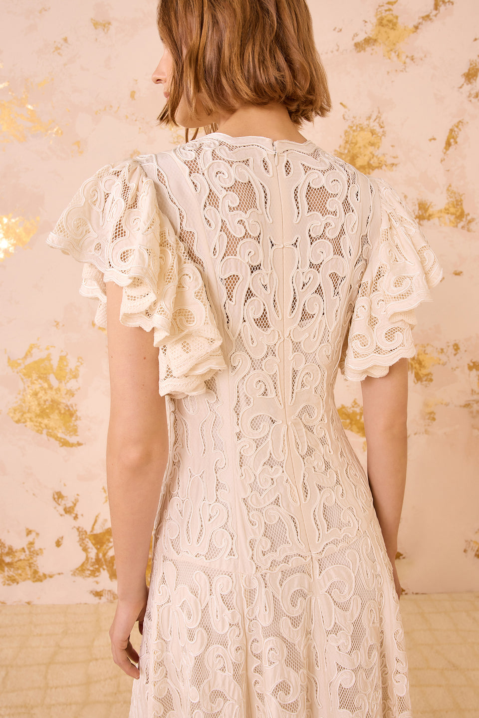 Cecile Applique Flutter Sleeve Long Dress - Chalk
