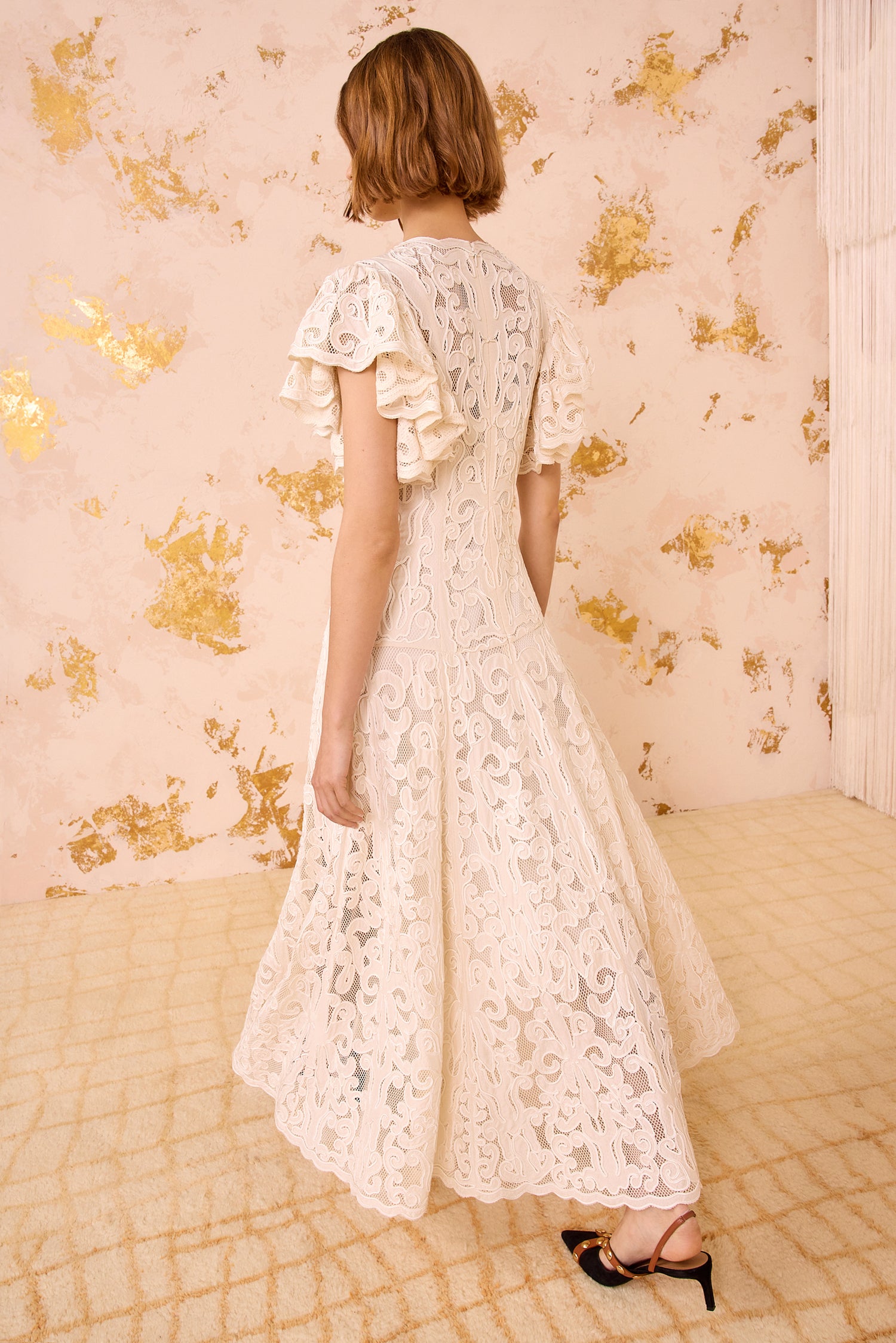 Cecile Applique Flutter Sleeve Long Dress - Chalk
