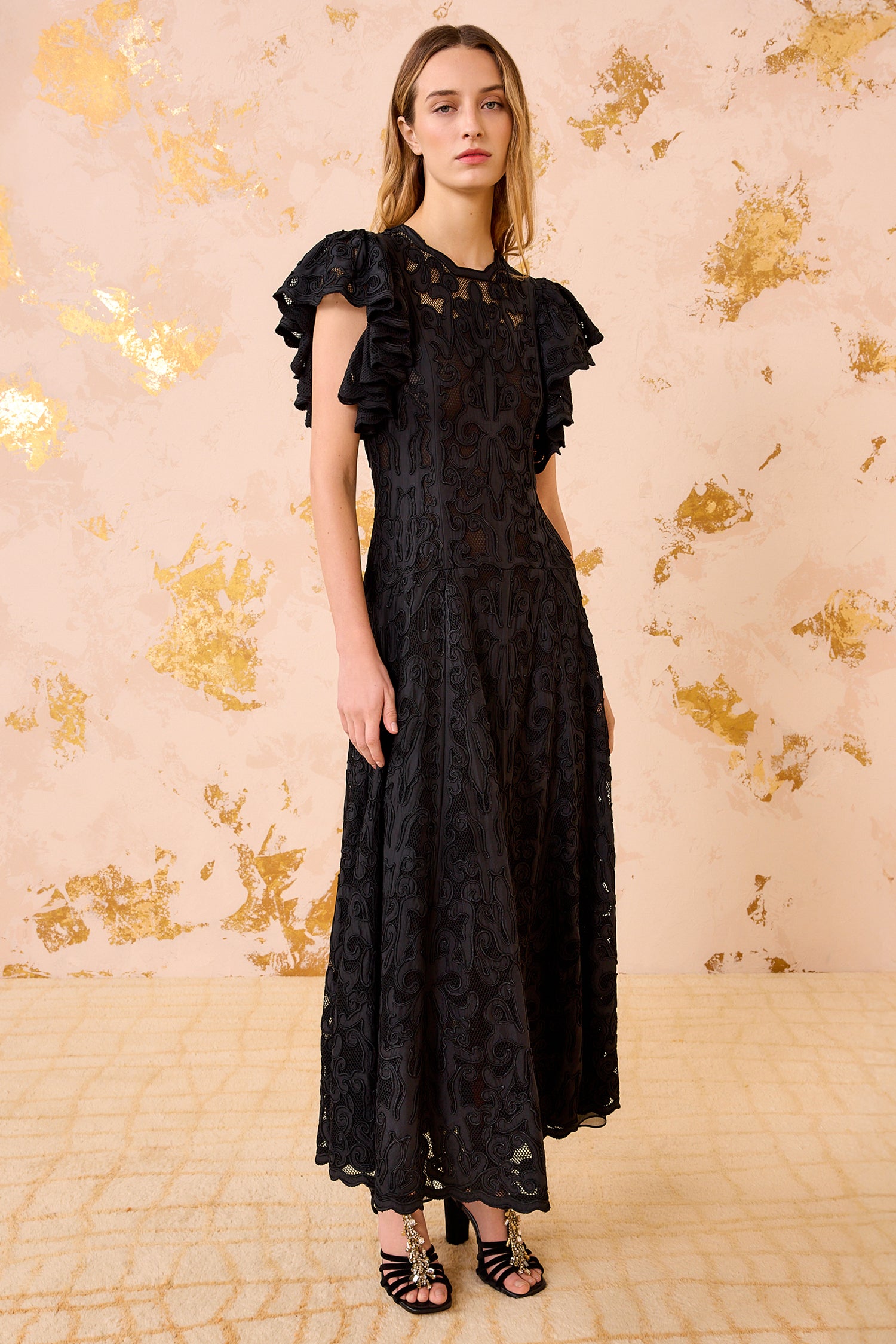 Cecile Applique Flutter Sleeve Long Dress - Noir
