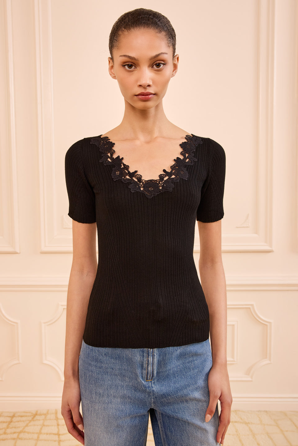 Celeste Knit Top with Lace - Noir