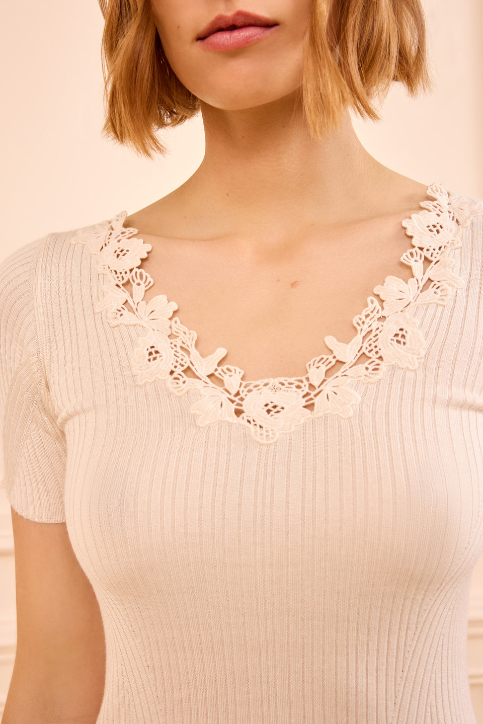 Celeste Knit Top with Lace - Pearled Ivory