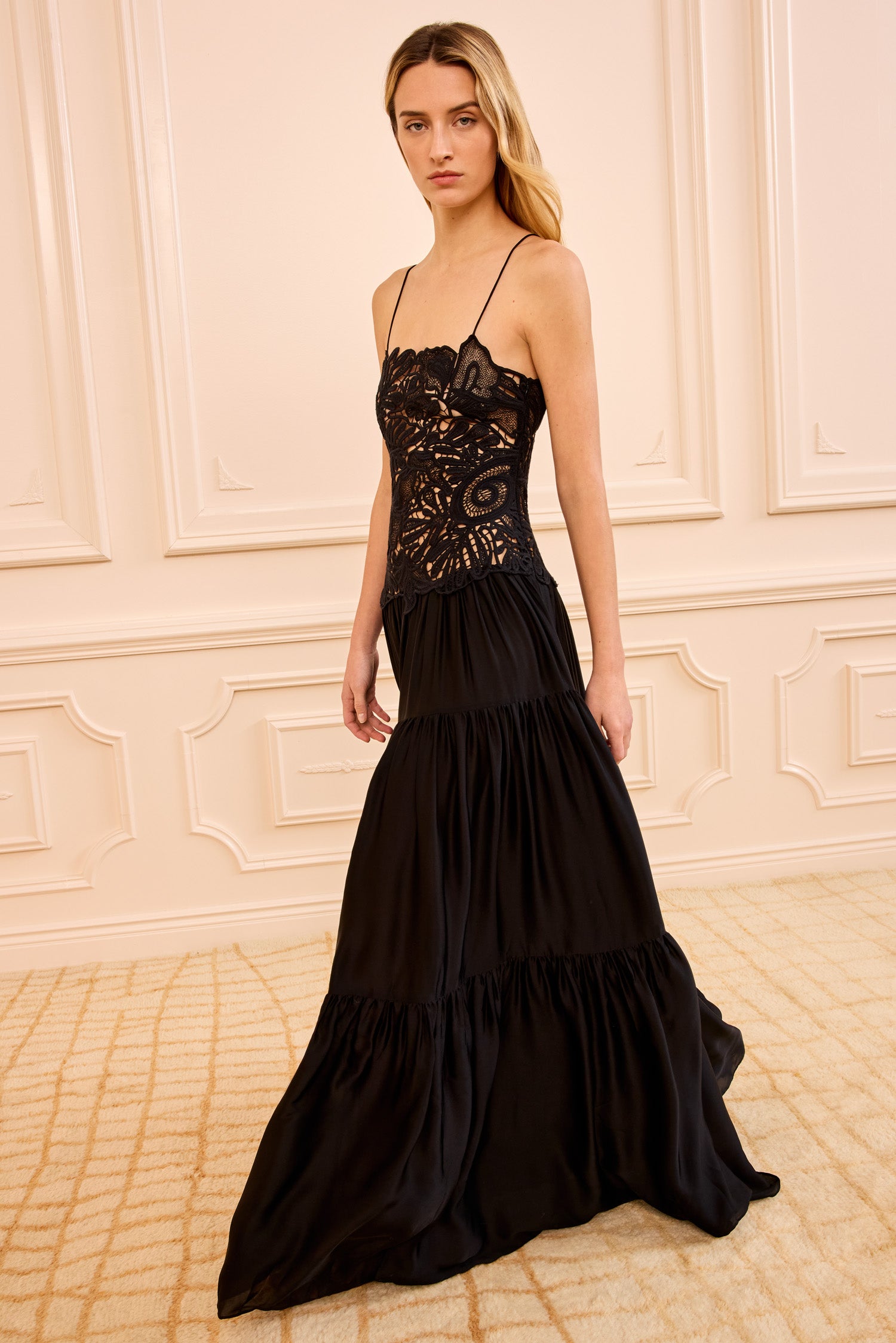 Celestia Corded Lace Gown - Noir Black Sleeveless Silk Chiffon