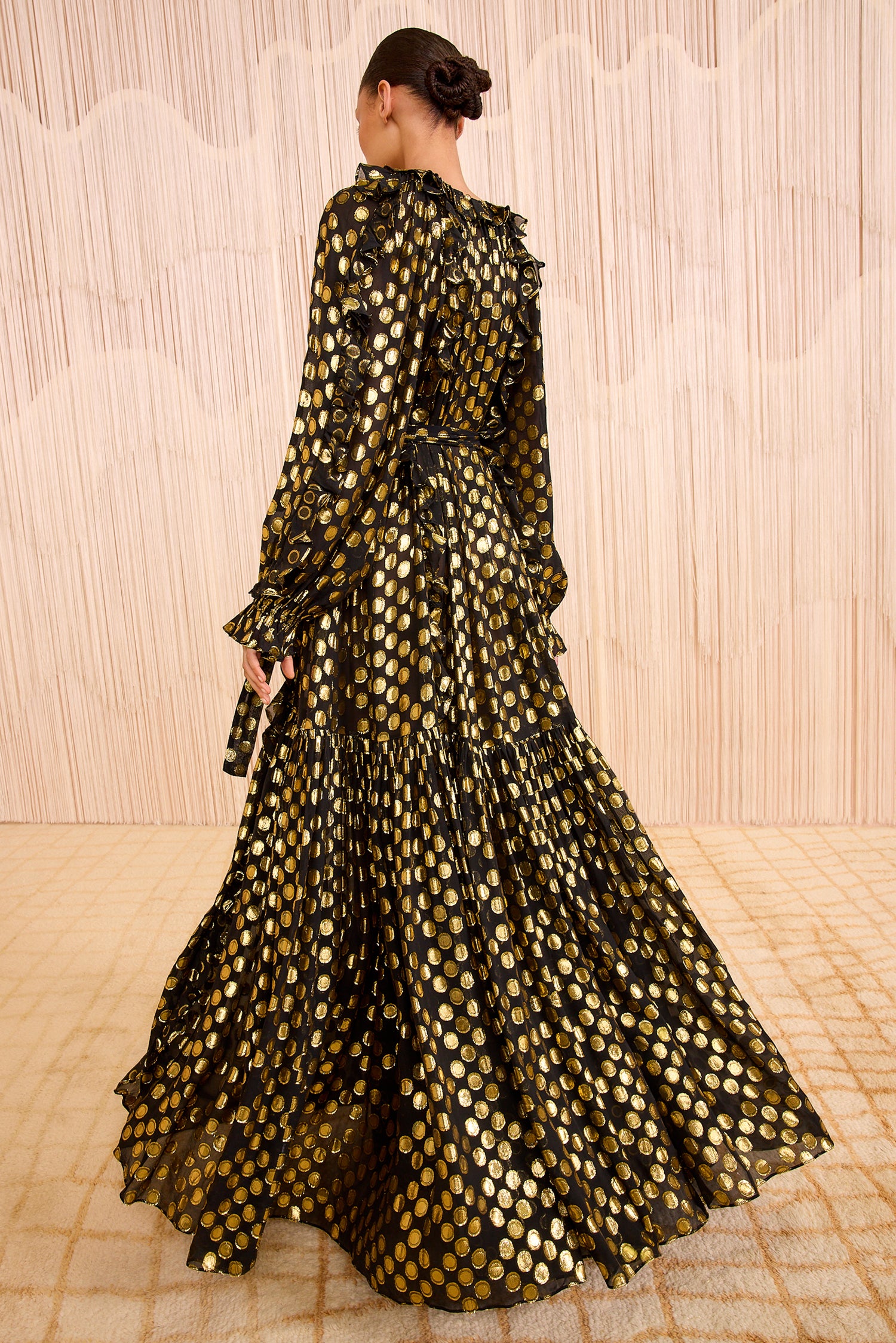 Celestina Silk Long Sleeve Gown - Obsidian Golden Polka Dot