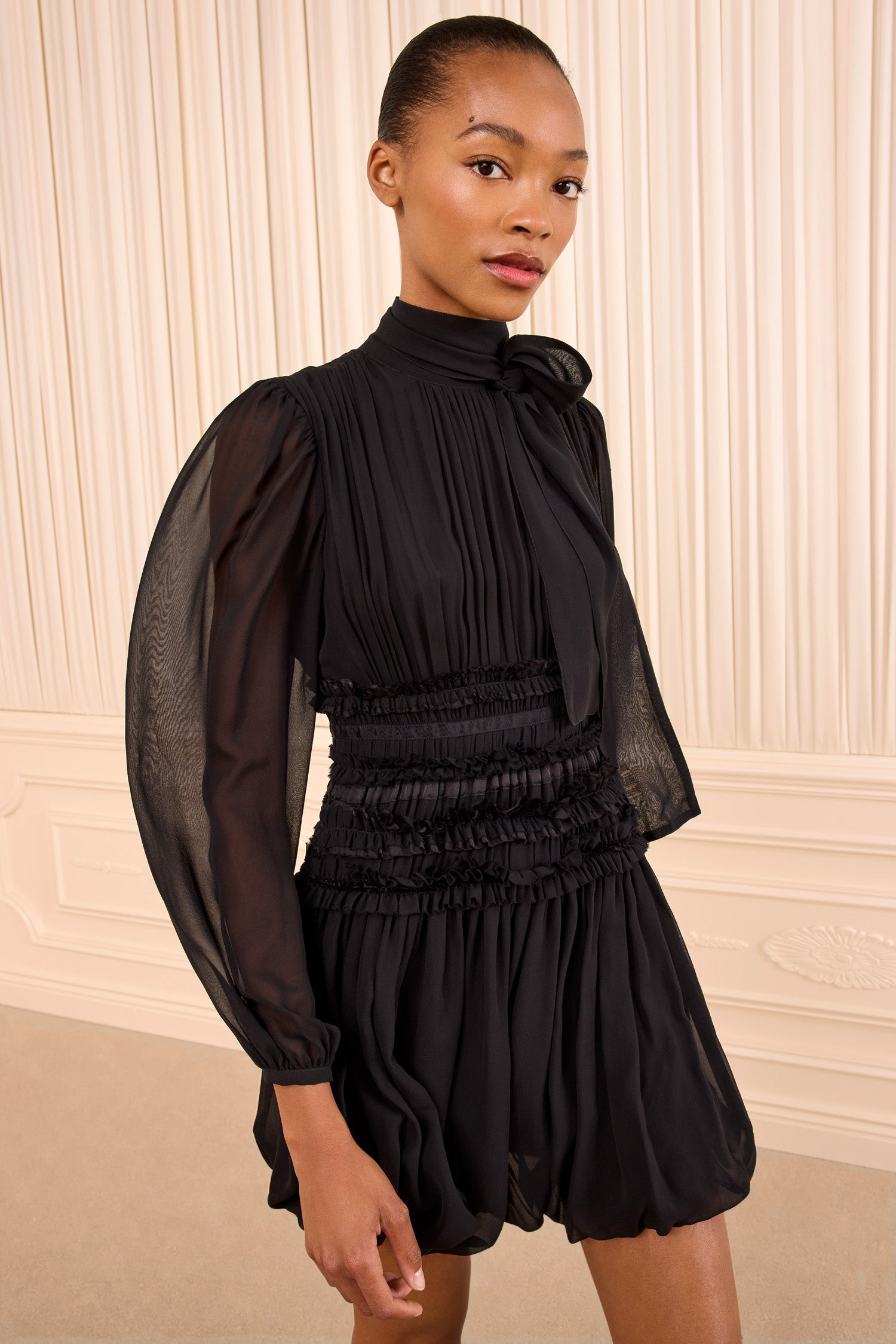 Celestine Long Sleeve Silk Dress - Noir Black Crewneck Bubble