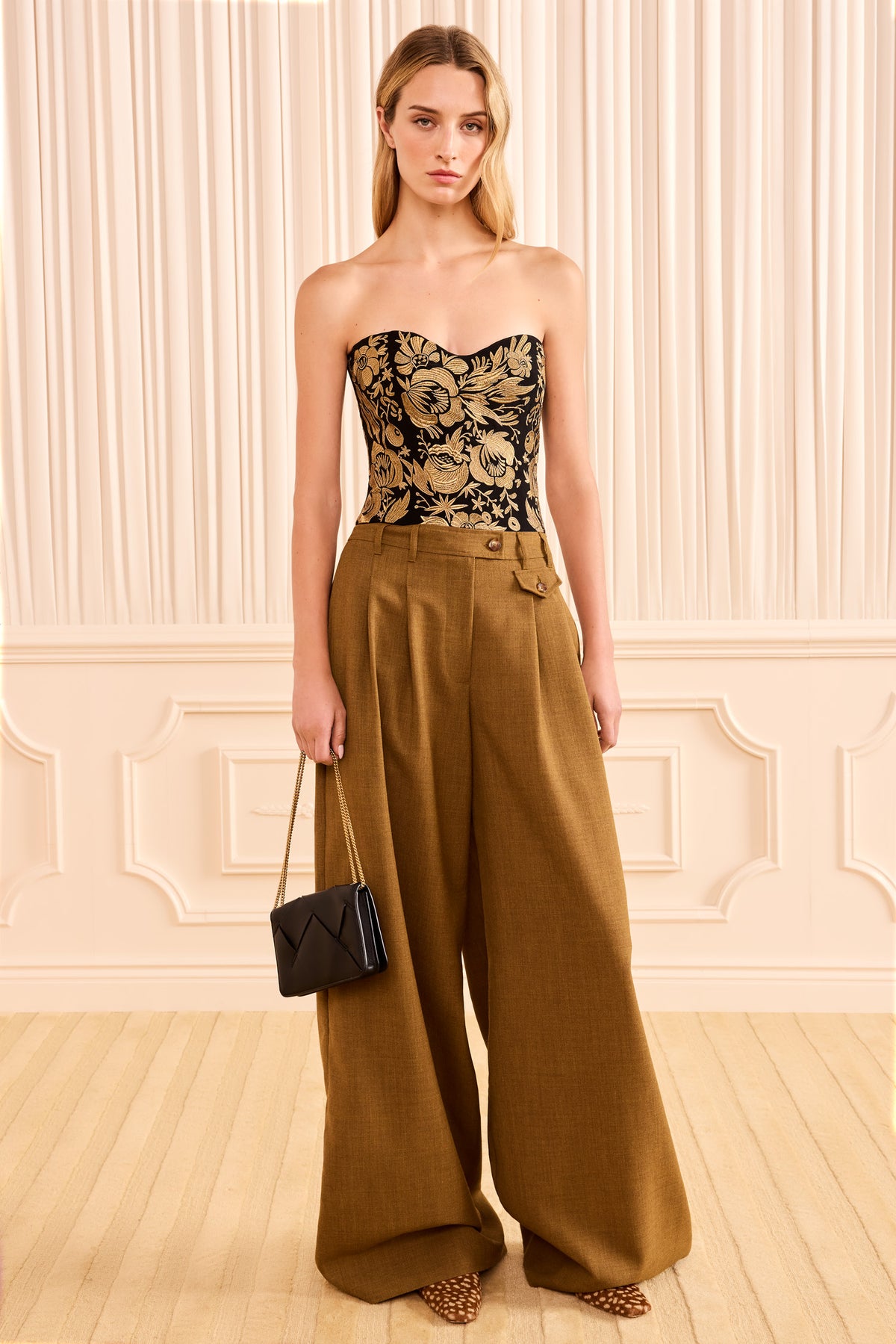 Black Gold Embroidered Bustier - Full-Length Styled Look, Designer Corset Top | Ulla Johnson