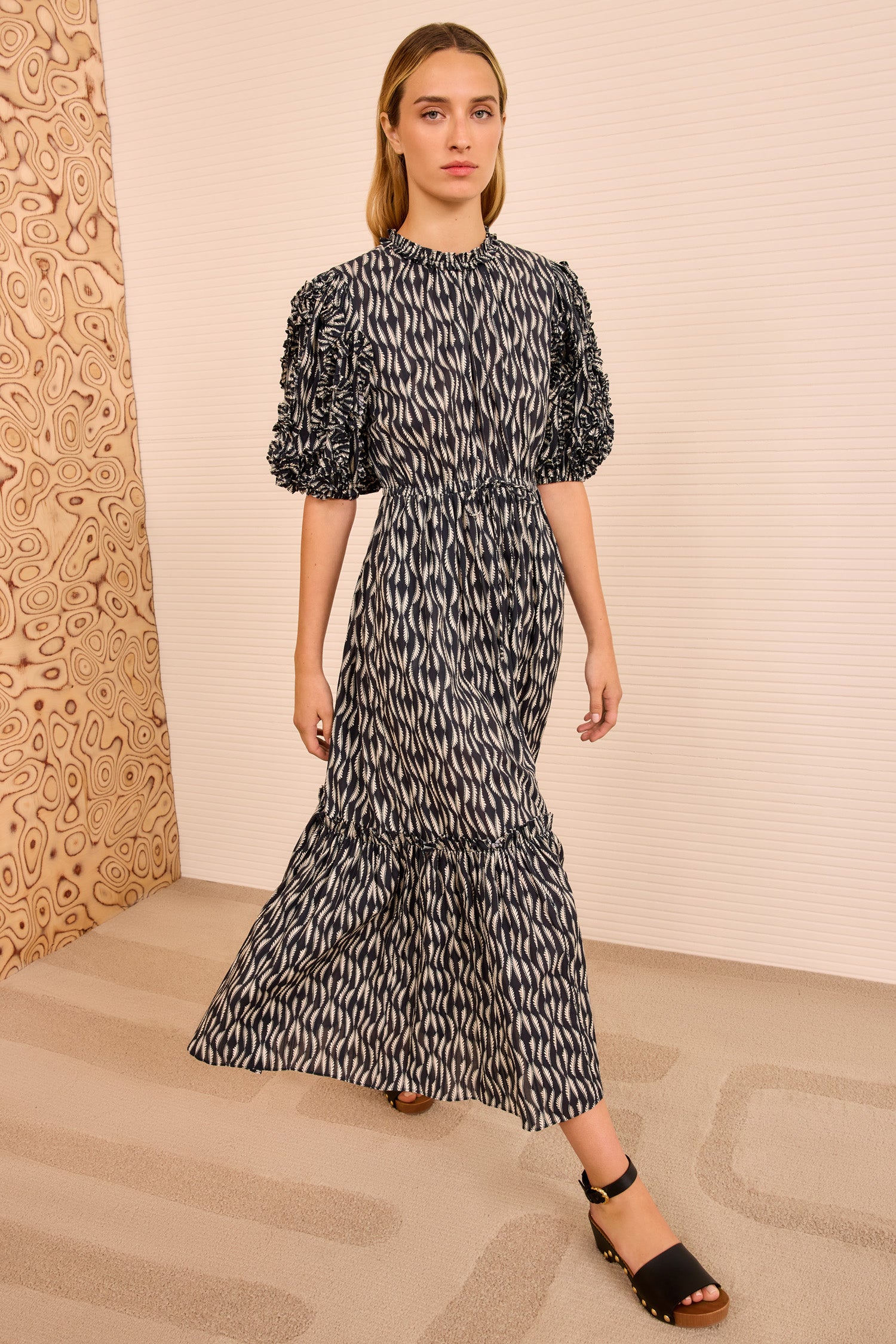 Channary Puff Sleeve Dress - Graphite Black Vine Print Puff-Sleeve Midi Dress - Ulla Johnson Channary Puff Sleeve Dress - Graphite Black Vine Print Puff-Sleeve Midi Dress - Ulla Johnson
