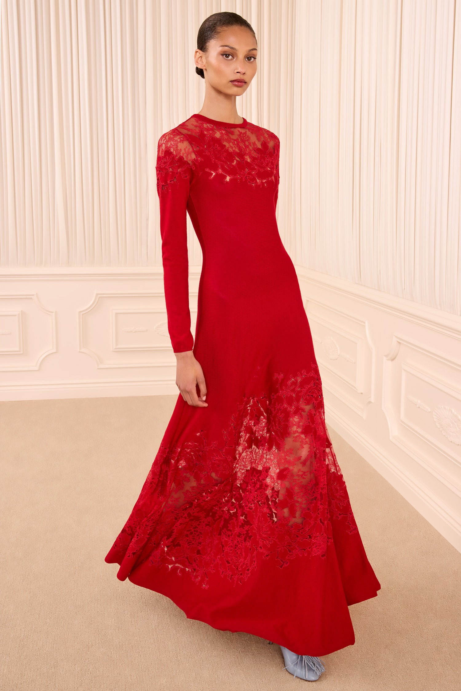 ワンピース Ameri LACE KUNG FU DRESS Clemence Long Sleeve Lace Dress - Cerise Embroidered Merino Wool