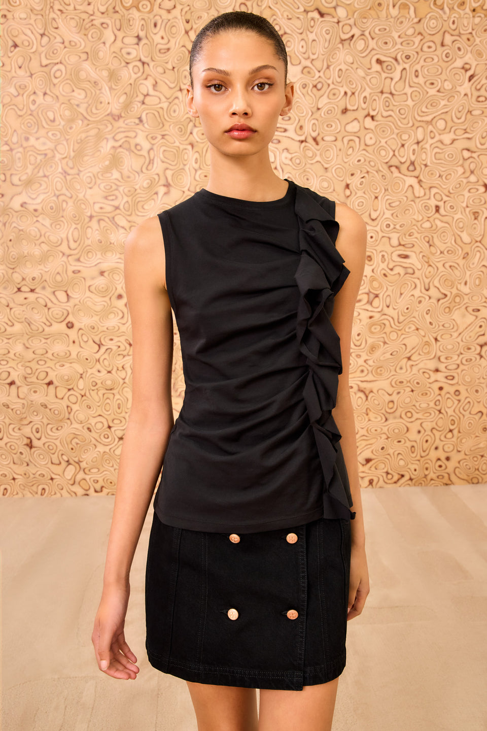 Clio Ruched Ruffle Top - Noir