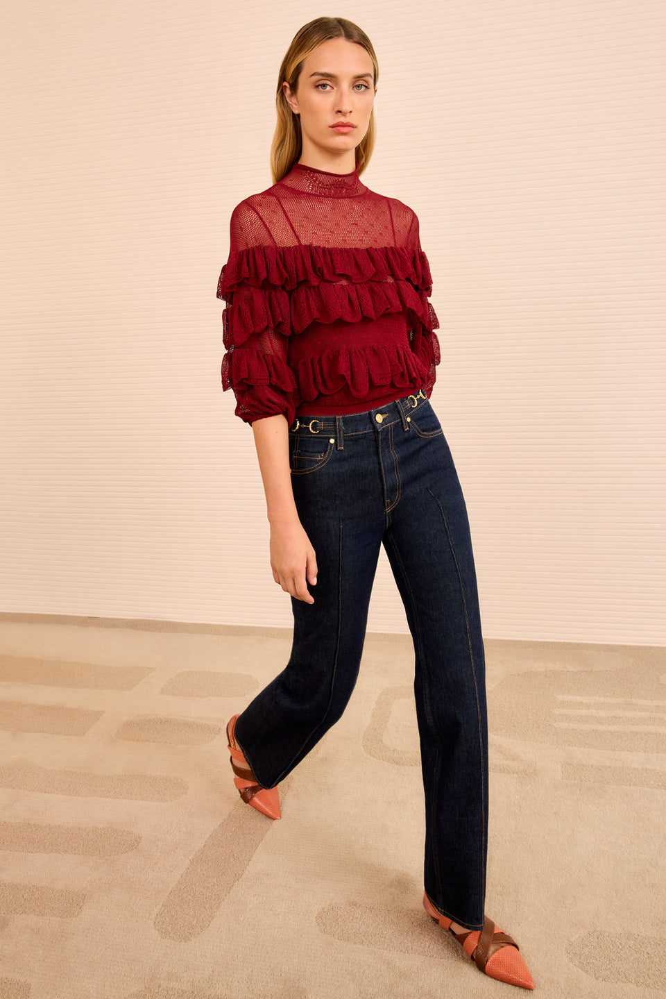 Corinna Mock Neck Tiered Ruffle Top - Claret