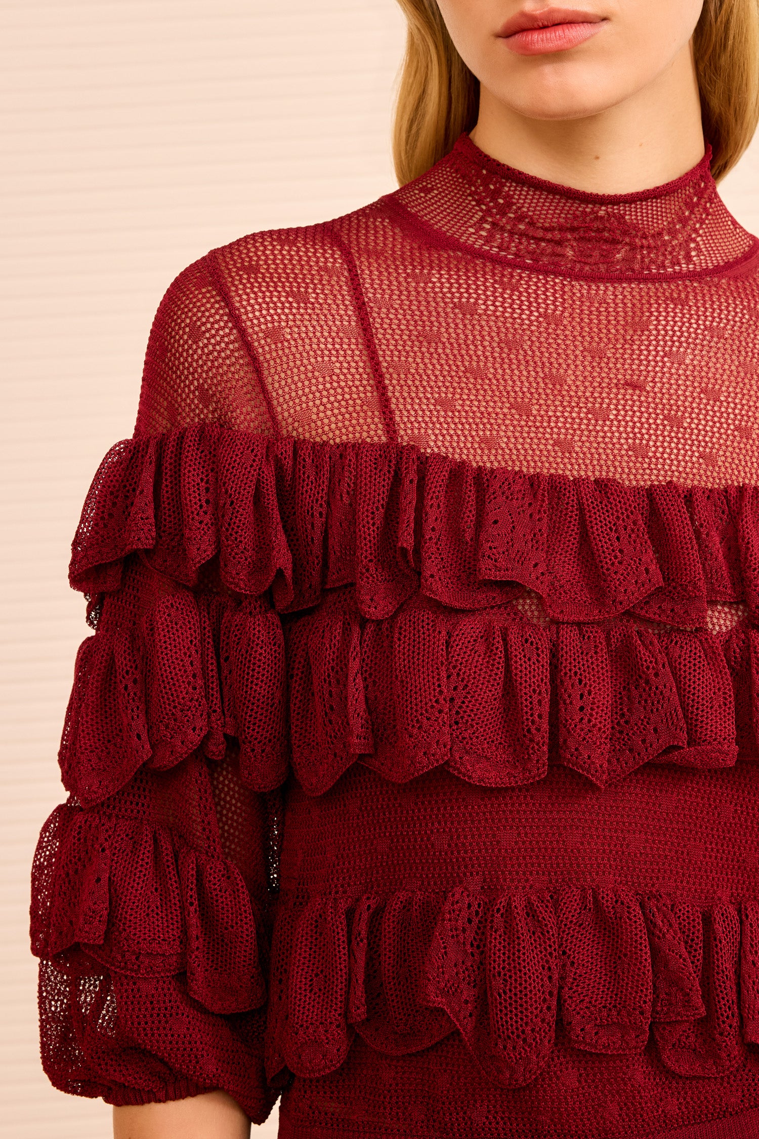 Corinna Mock Neck Tiered Ruffle Top - Claret Red Knitted Lace Top