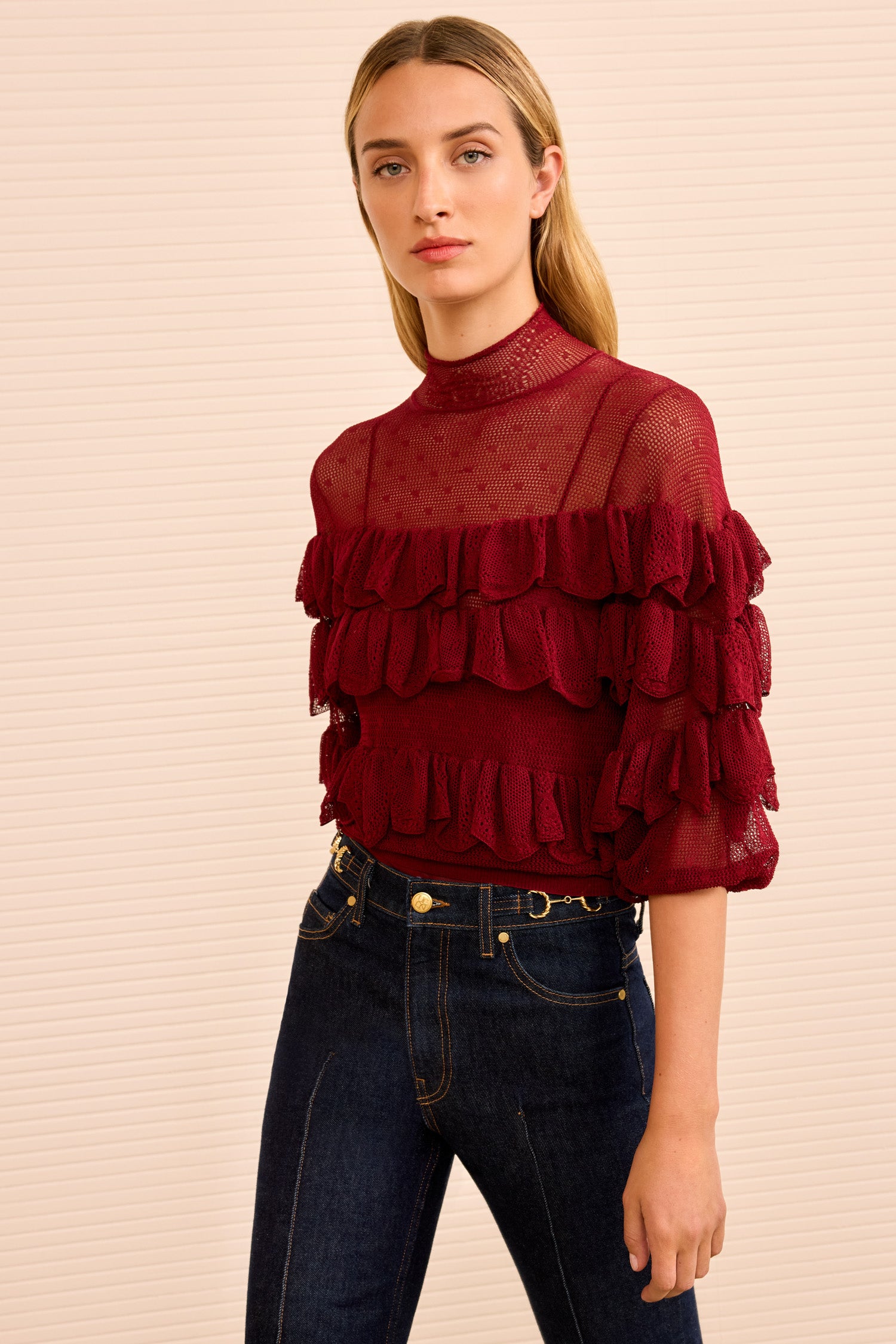 Corinna Mock Neck Tiered Ruffle Top - Claret Red Knitted Lace Top