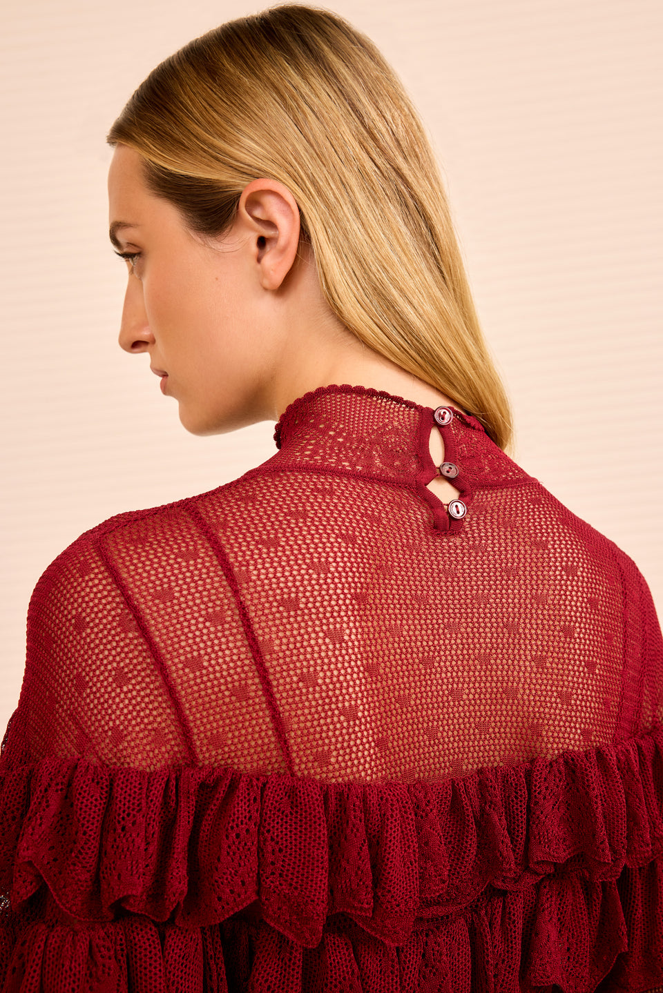 Corinna Mock Neck Tiered Ruffle Top - Claret
