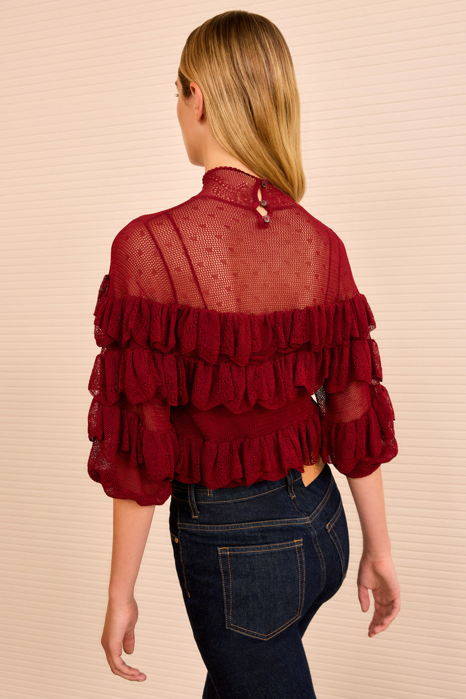 Corinna Mock Neck Tiered Ruffle Top - Claret