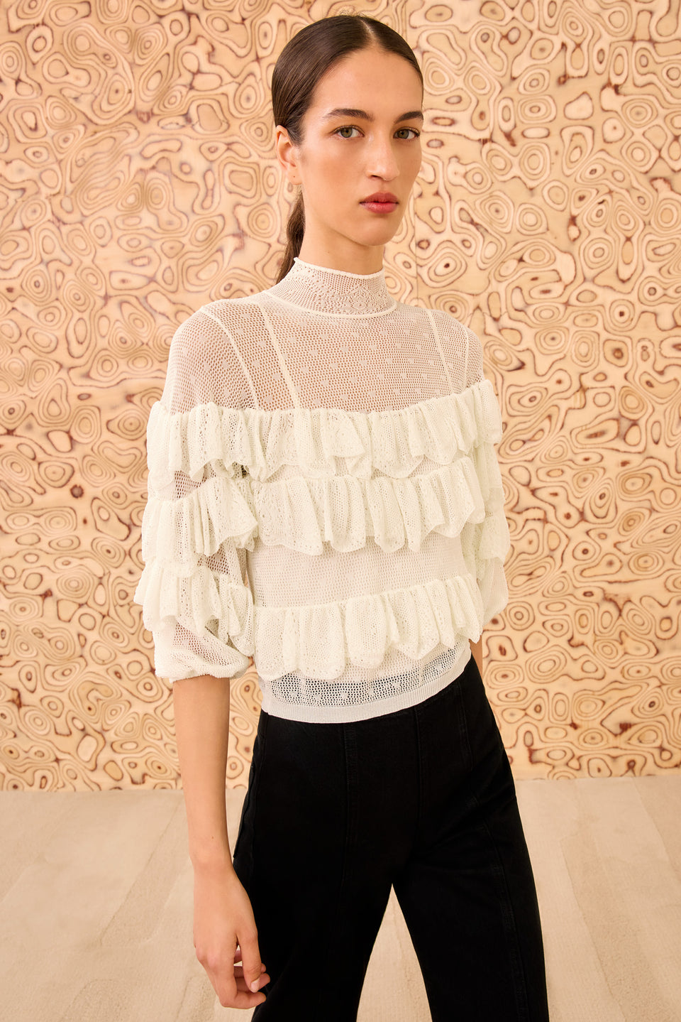 Corinna Mock Neck Tiered Ruffle Top - Cowrie
