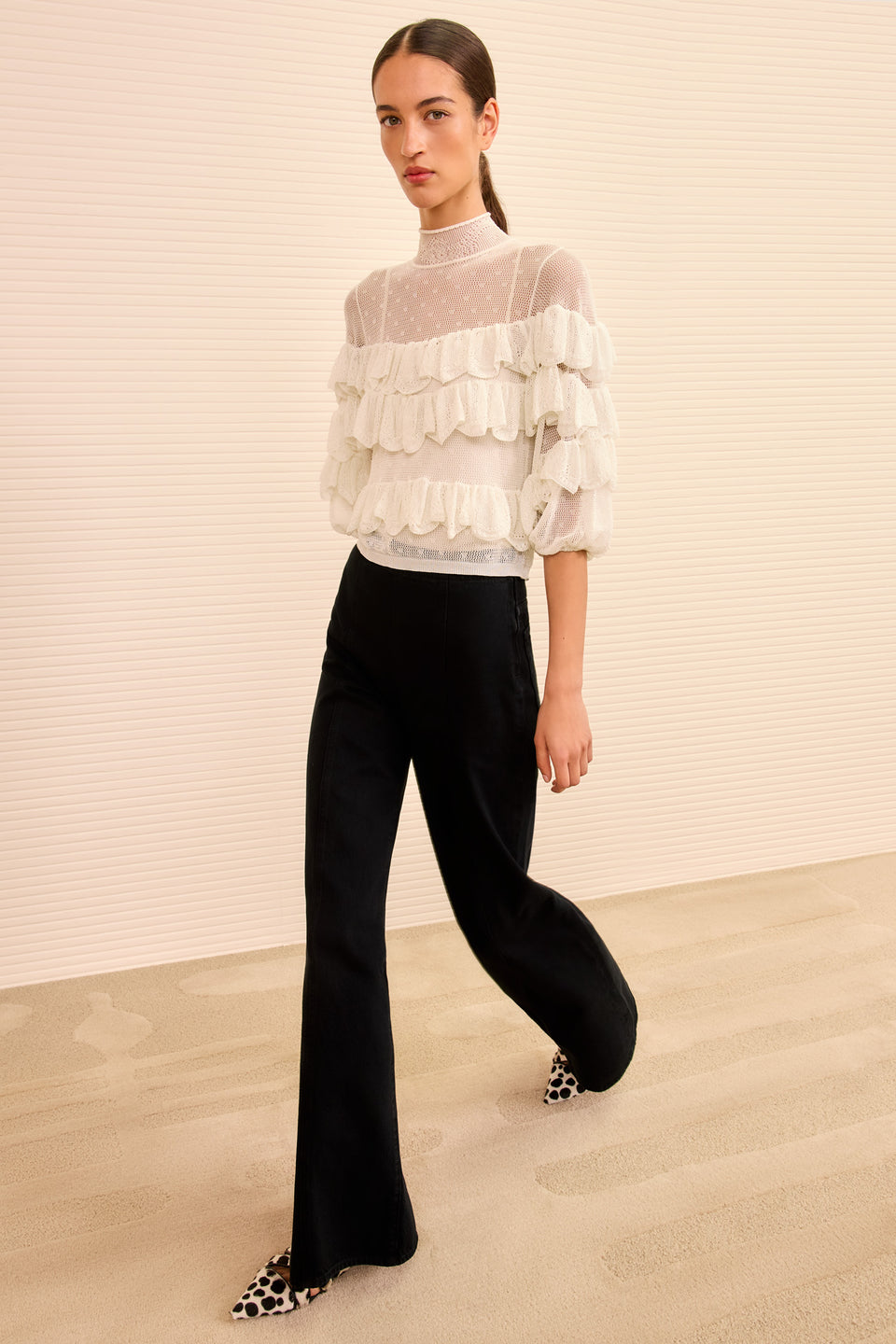 Corinna Mock Neck Tiered Ruffle Top - Cowrie