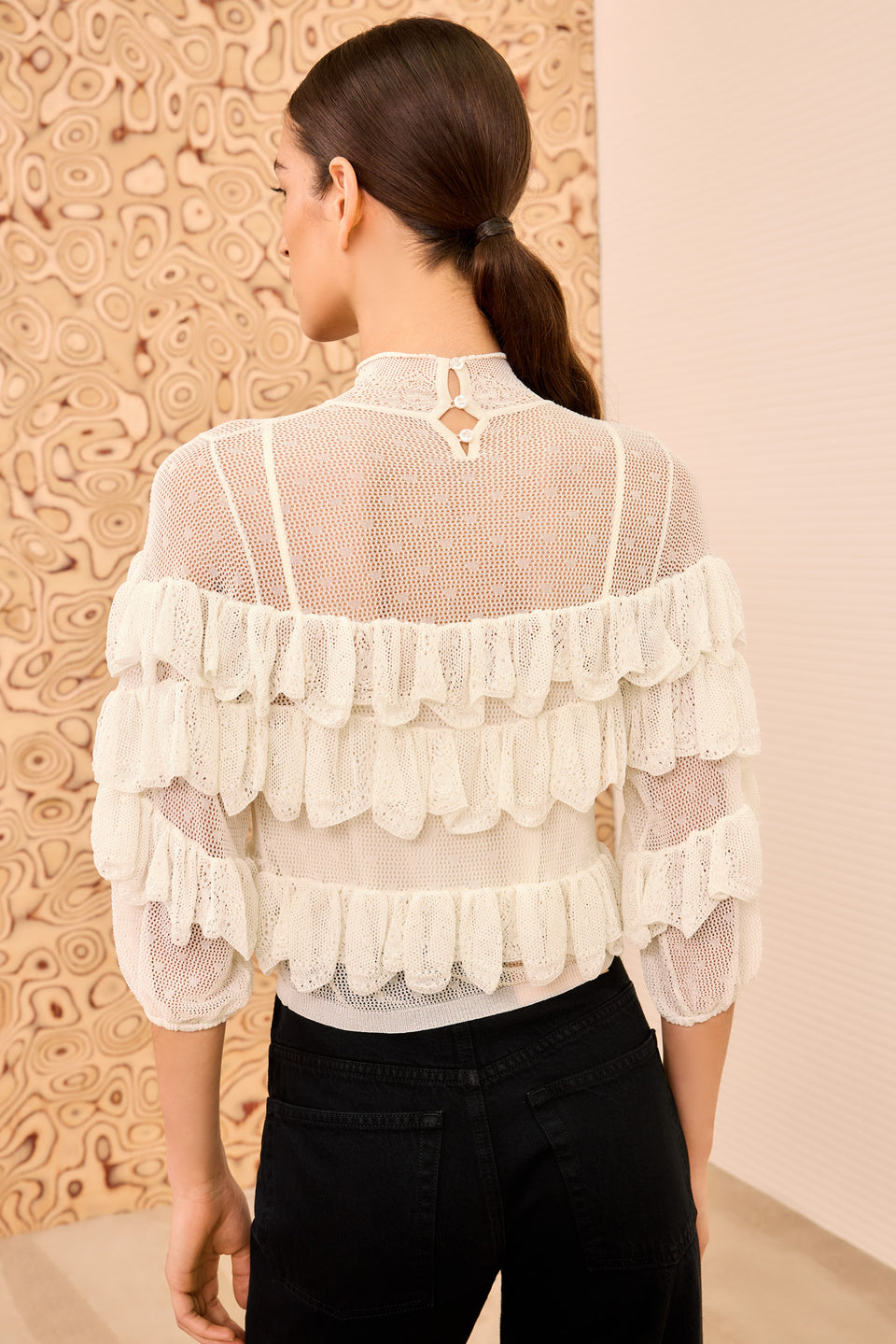 Corinna Mock Neck Tiered Ruffle Top - Cowrie