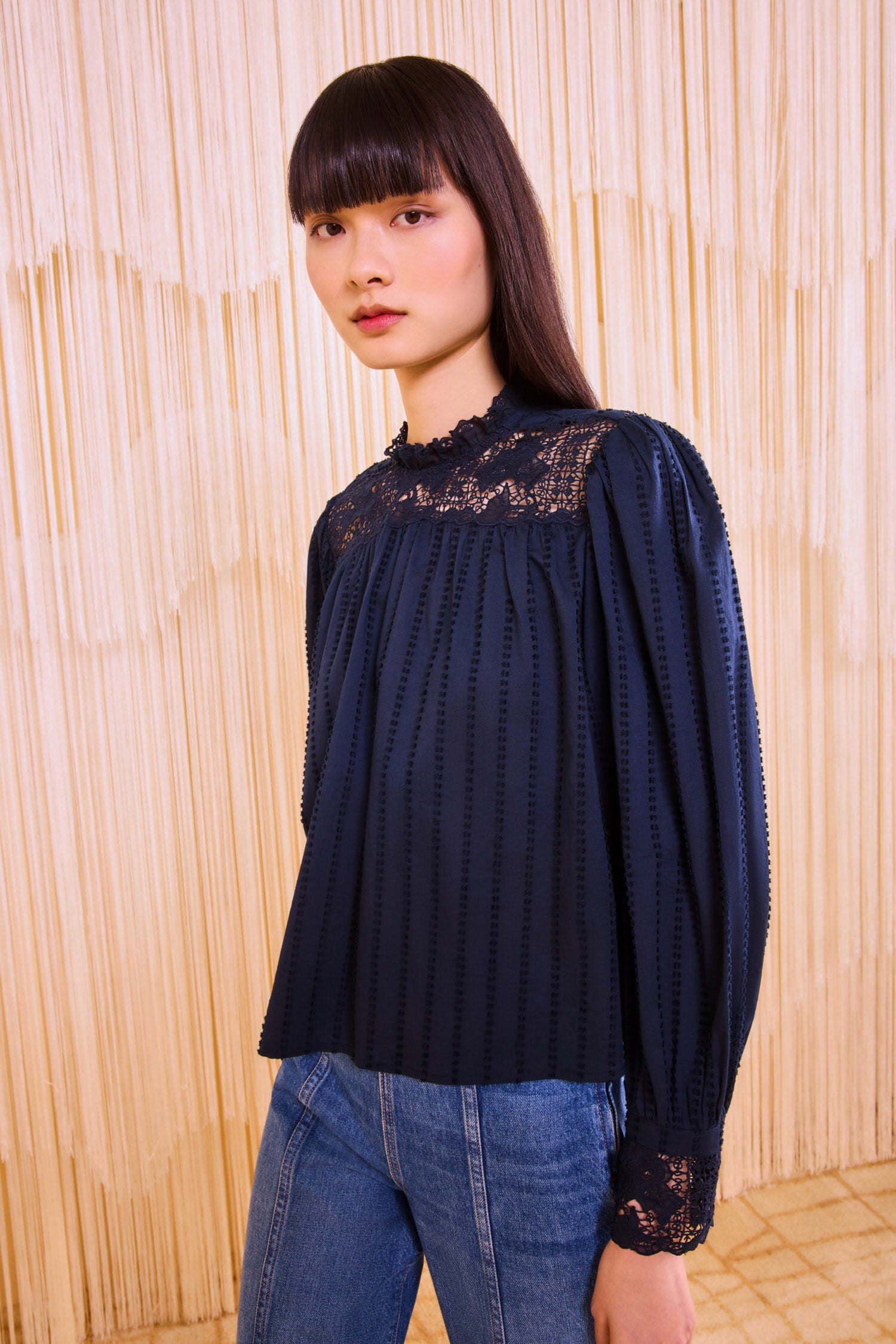 Cornelia Long Sleeve Blouse - Midnight Blue Soft Cotton