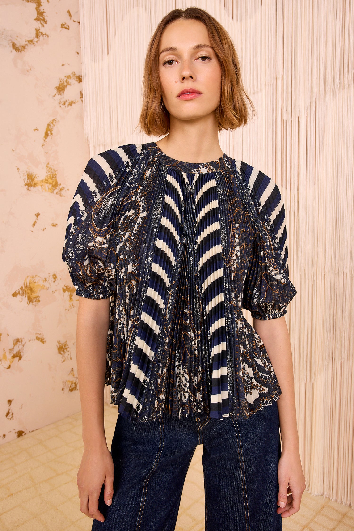 Dafne Pleated Short Sleeve Blouse - Eclipse Accordion Pleated Top