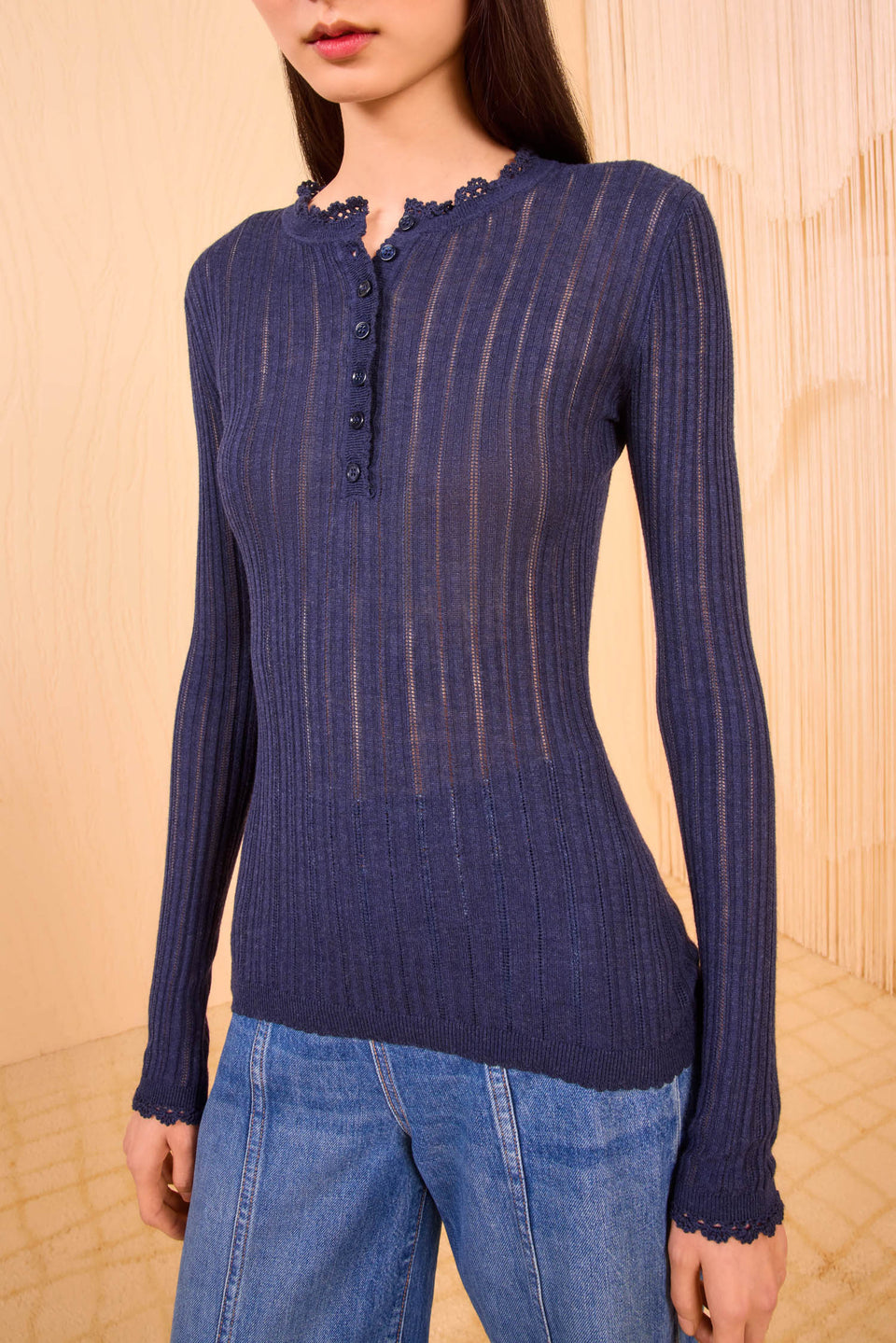 Delia Long Sleeve Henley Knit Top - Midnight