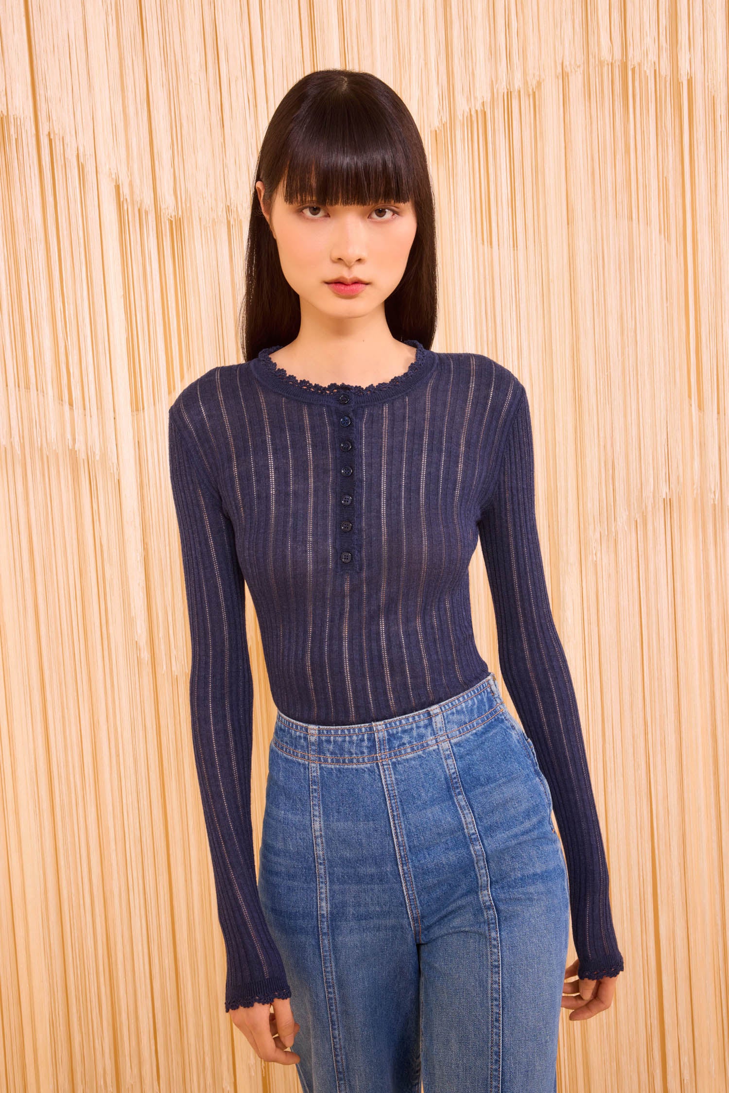 Delia Long Sleeve Henley Knit Top - Midnight