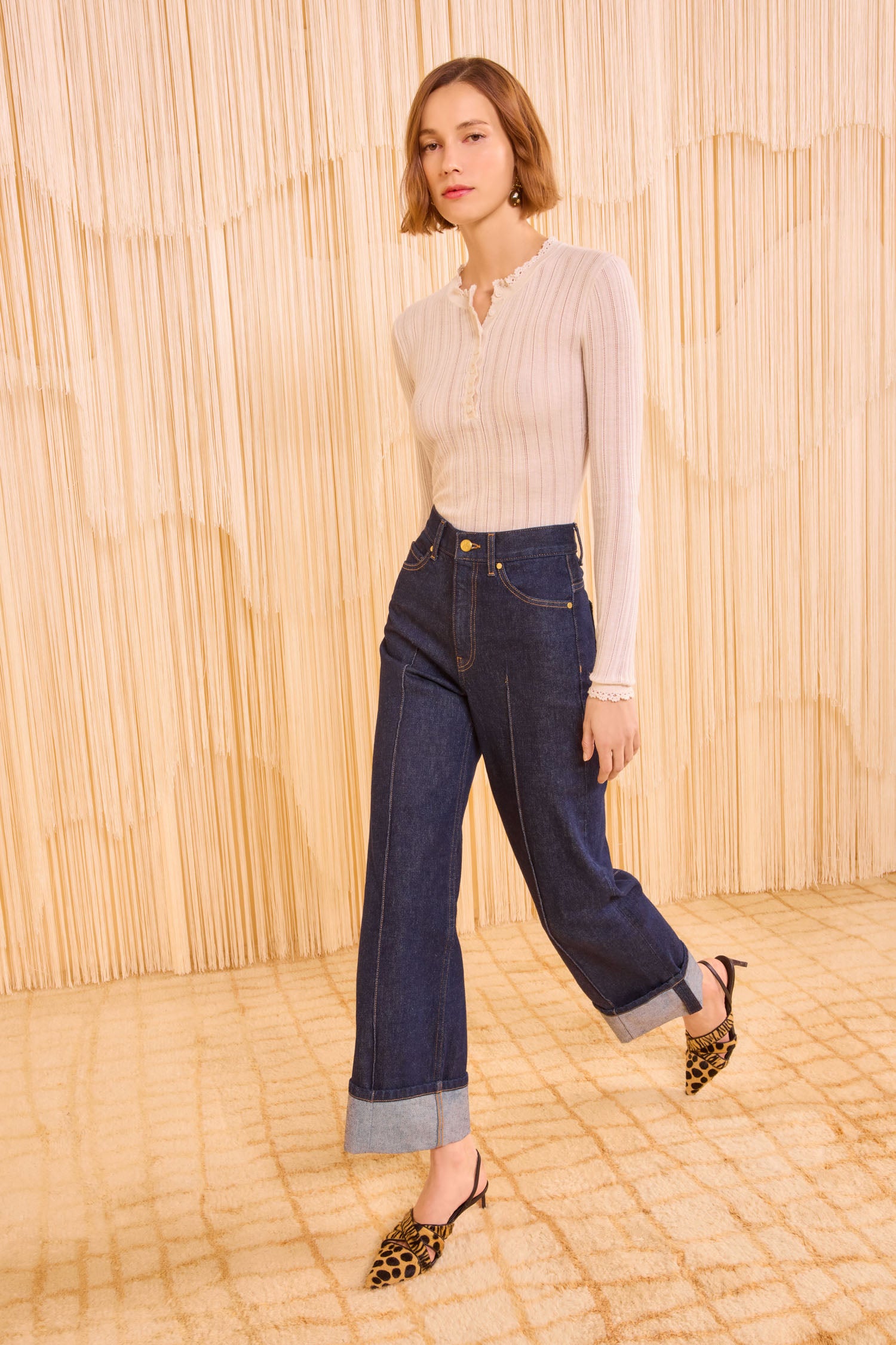 トップス Y's boat neck all linen high gage knit Delia Long Sleeve Henley Knit Top - Pristine White Lightweight