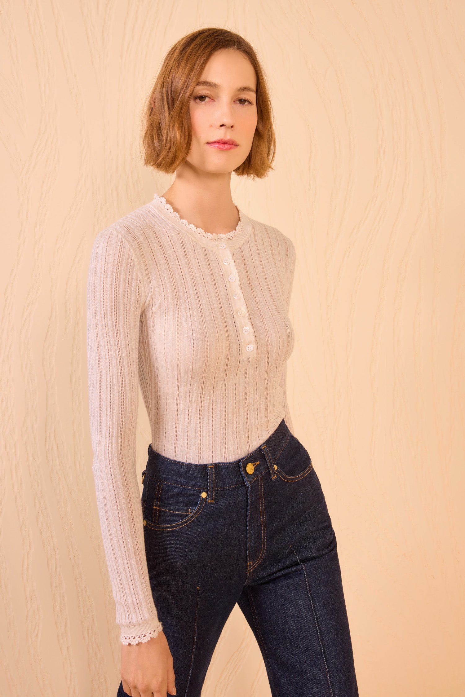 Delia Long Sleeve Henley Knit Top - Pristine