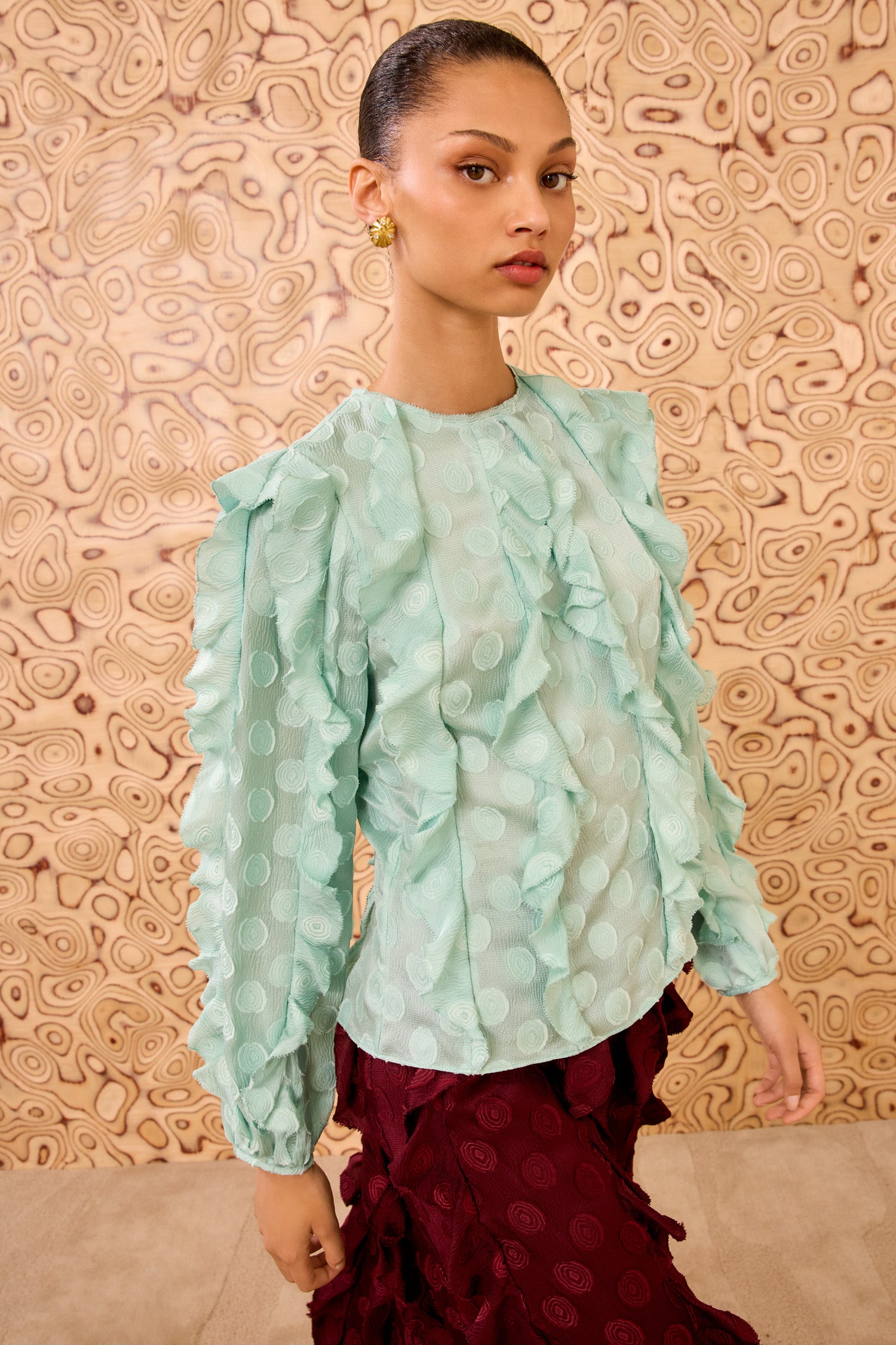 Della Cascading Ruffle Blouse - Beryl Blue Silk Chiffon Long