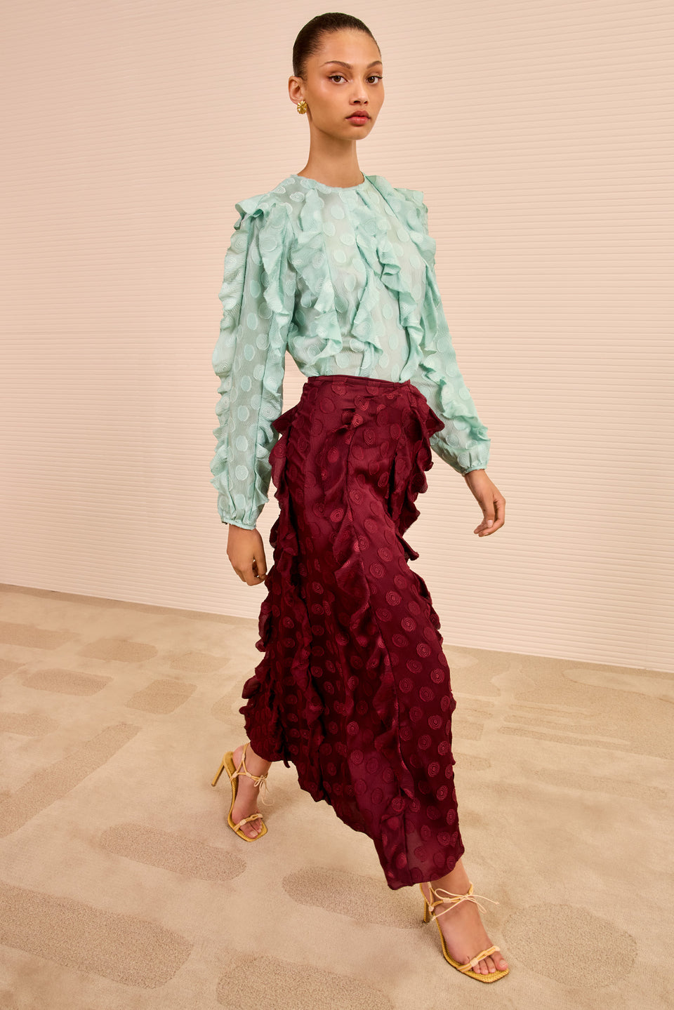 Della Cascading Ruffle Blouse - Beryl