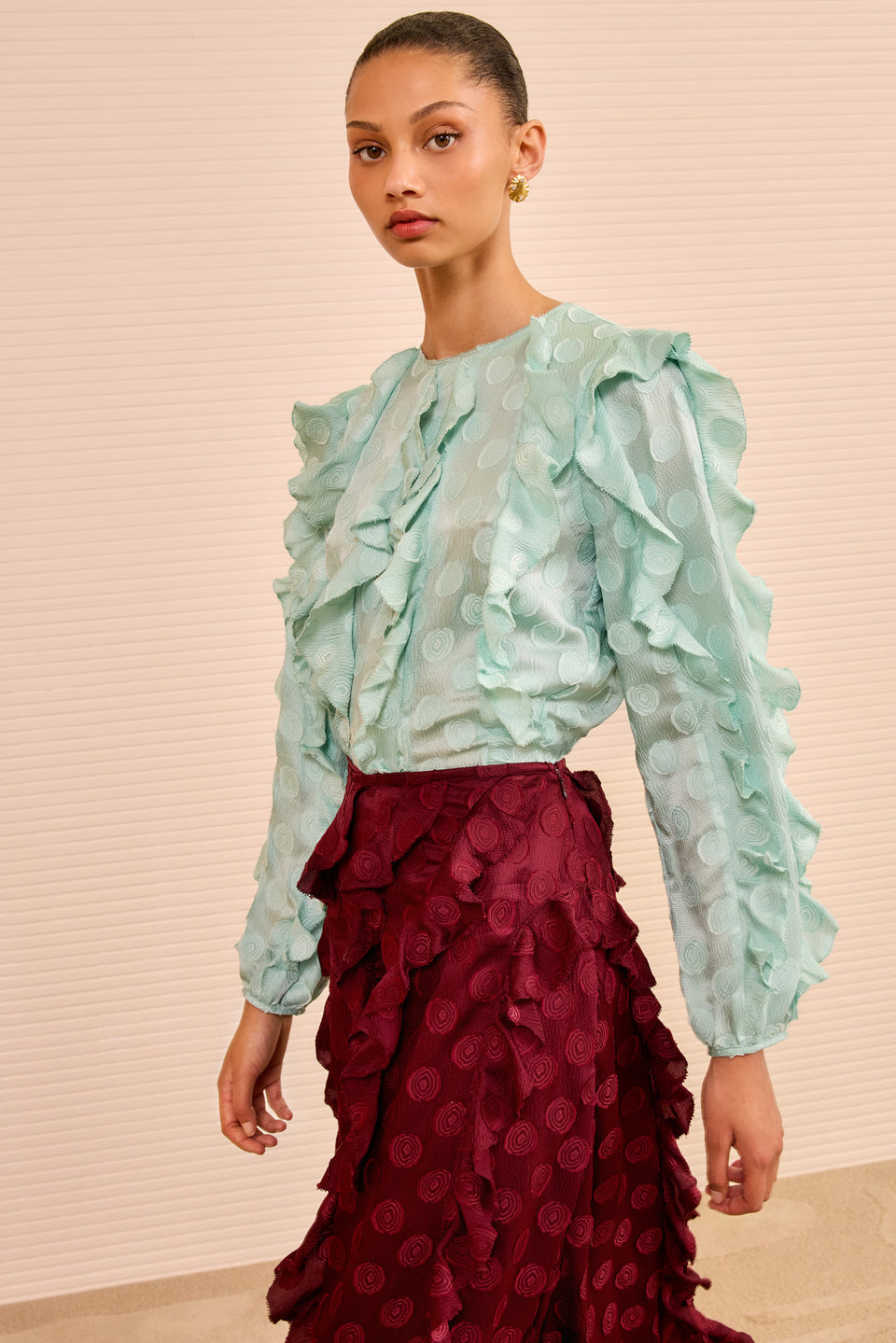 Della Cascading Ruffle Blouse - Beryl