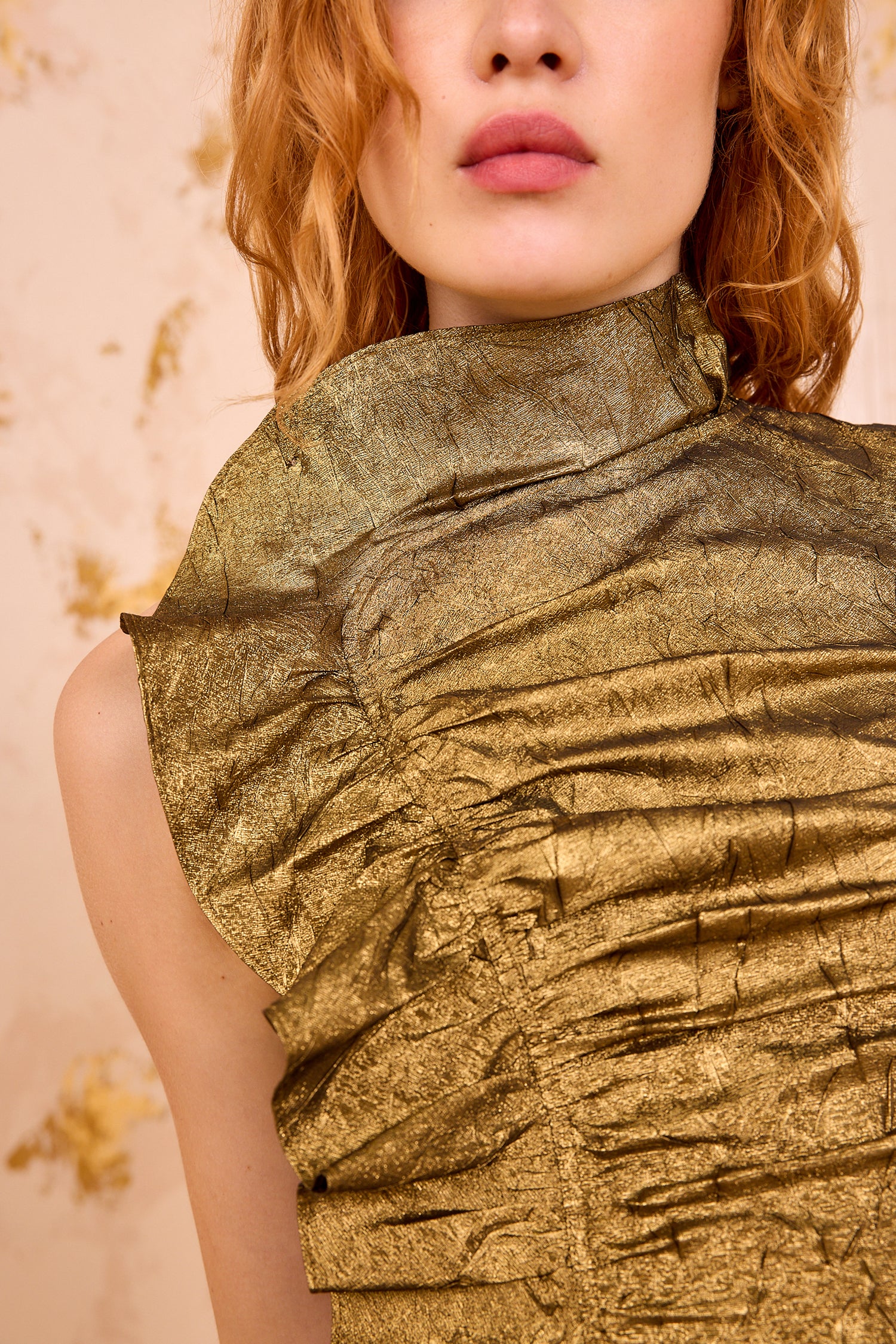 Demetria Sleeveless Ruched Front Midi Dress - Gold Leaf