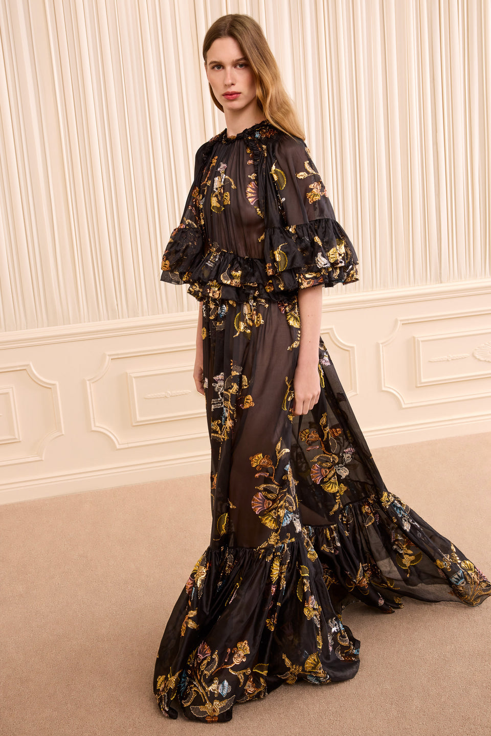 Ulla Johnson | Women's Diann Ruffled Silk Gown in BlackChiffon Maxi Gown - Size 12 | Black Tie Dress | Evening Dress