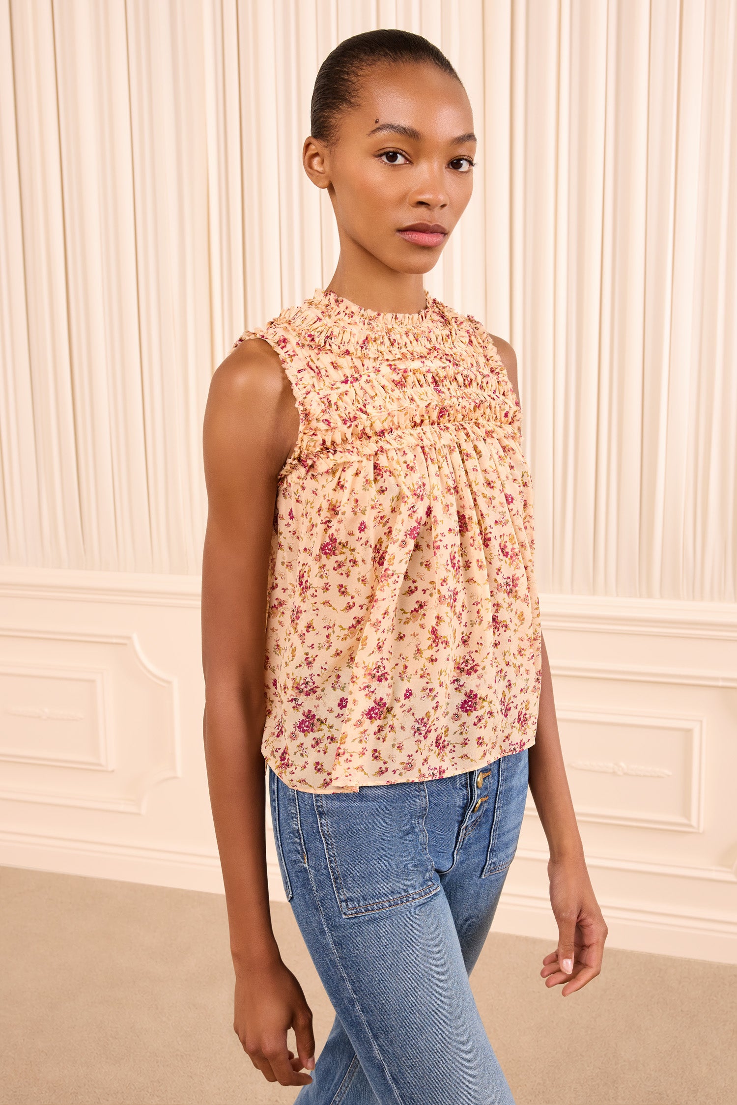 Effie Sleeveless Silk Top - Blush Mille Fleur Floral Print Ribbon